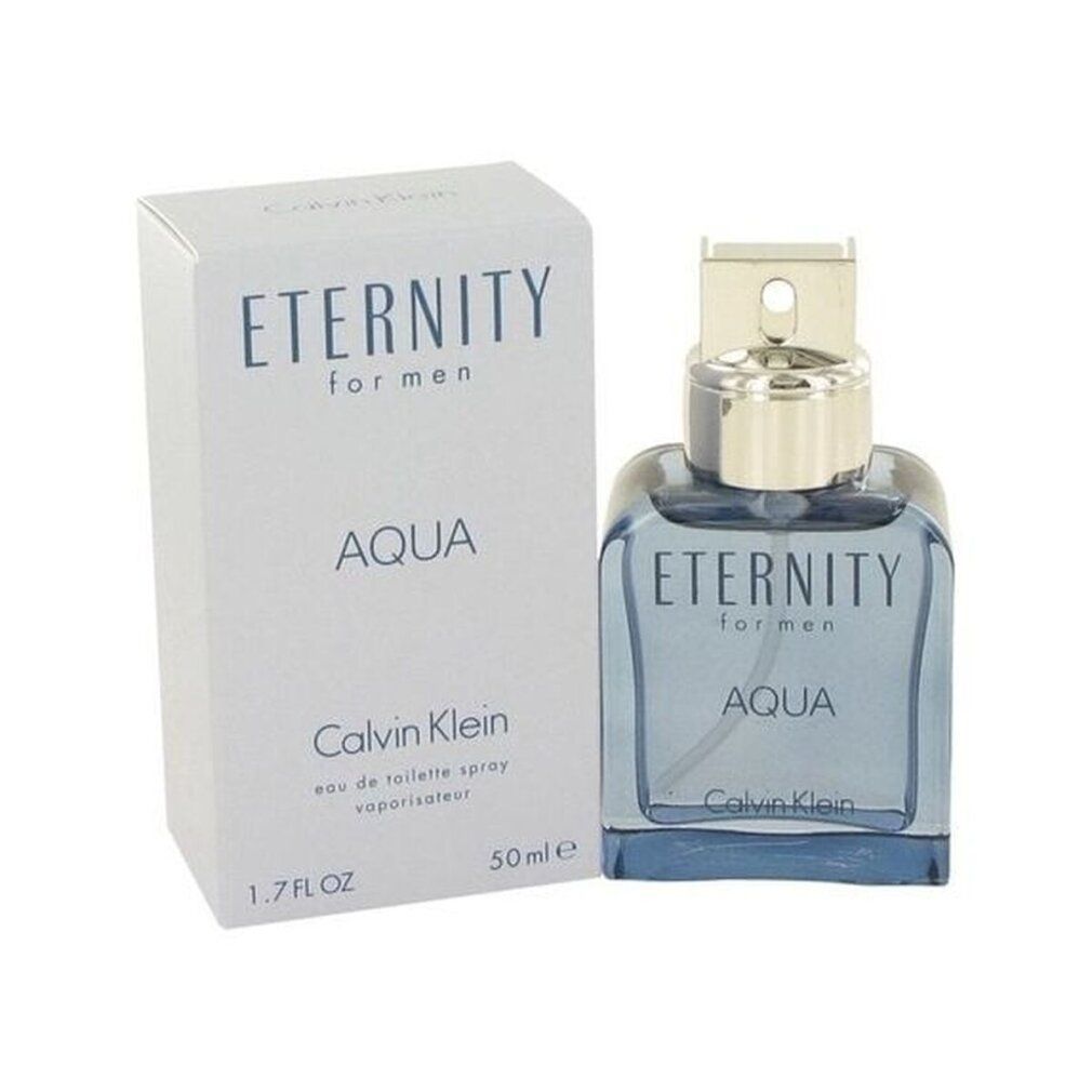 Hellblaues Eau de Toilette-Spray mit Verpackung. Aufschrift: Eternity for Men Aqua, Calvin Klein. 50 ml.