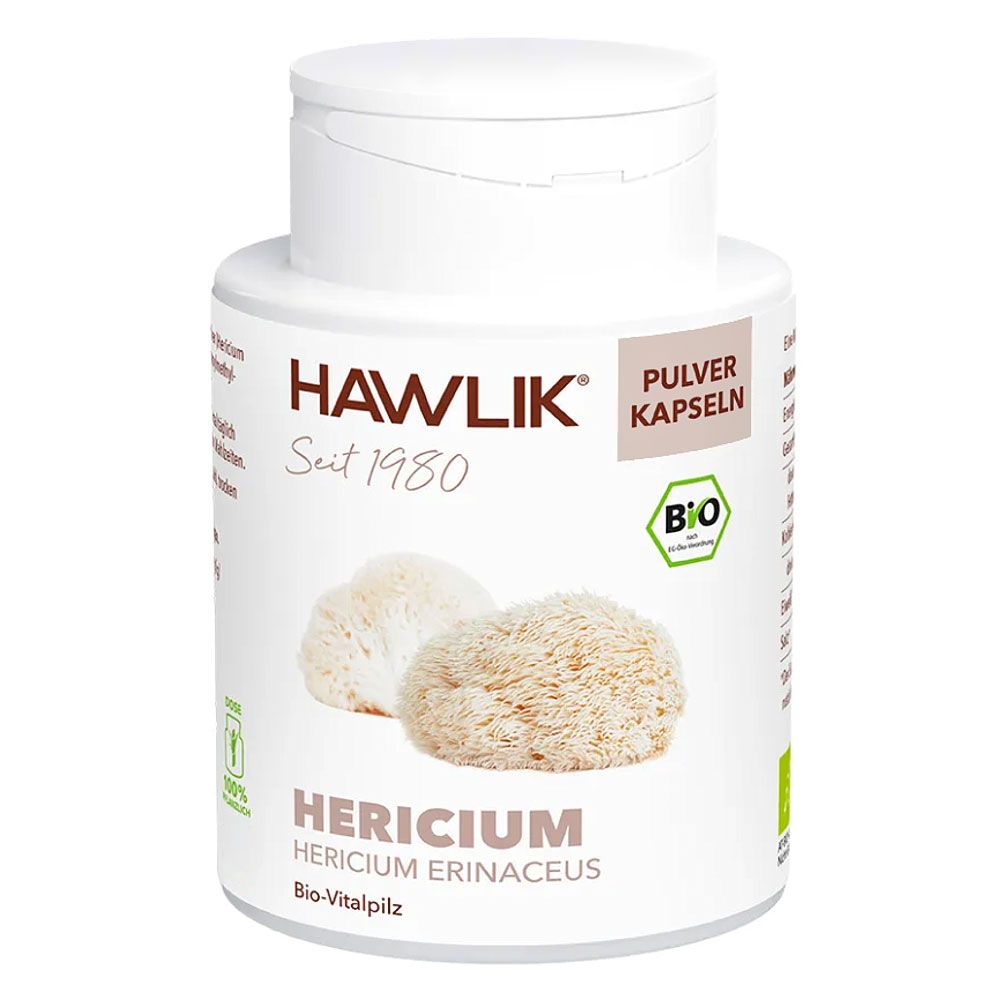 Weiße Flasche mit Kapseln. Aufschrift: HAWLIK, Hericium, Bio-Vitalpilz. BIO-Siegel.