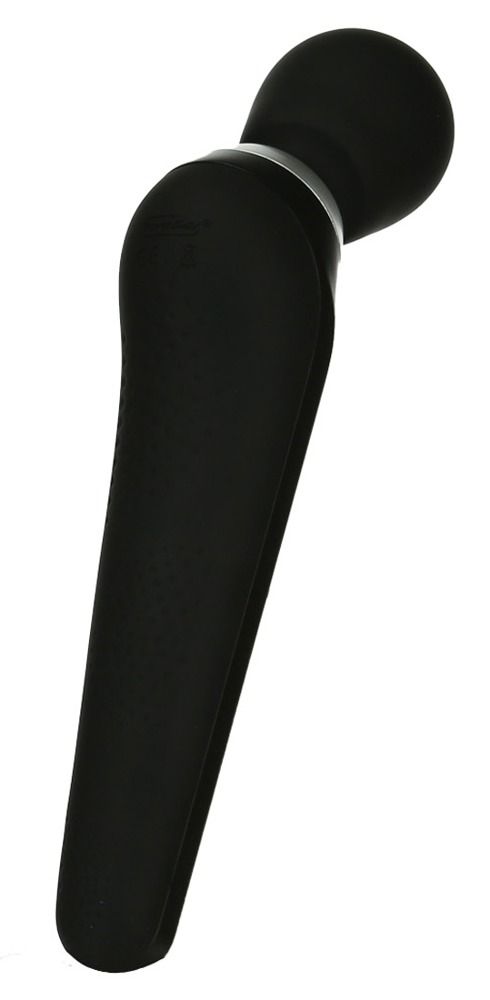 Schwarzes Wellness-Produkt. Abgerundete Form. Silberner Akzent am Kopf. Produktname: Palmpower.