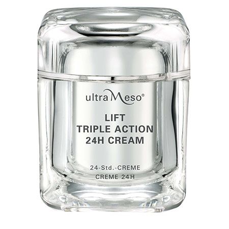 Quadratischer Tiegel mit transparentem Deckel. Aufschrift: ultra Meso, LIFT TRIPLE ACTION 24H CREAM. Untertitel: 24-Std.-CREME, CREME 24H.
