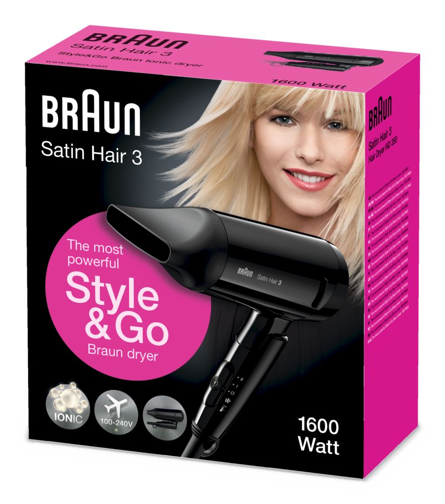 Produktverpackung. Rosa-schwarzer Karton. Haartrockner-Abbildung, blonde Frau. Text: Braun, Satin Hair 3, Style&Go, 1600 Watt.