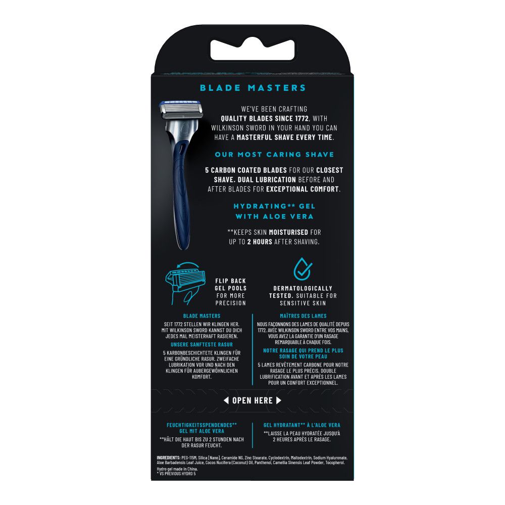 Rückseite einer Wilkinson Sword Rasierer-Verpackung mit Produktinformationen und Abbildungen.