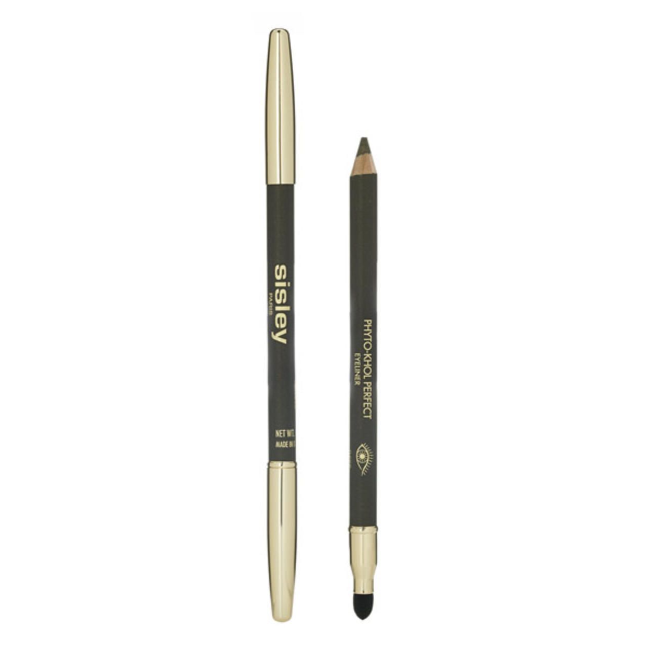 Zwei Sisley Phyto-Khol Perfect Eyeliner. Ein Stift mit goldfarbener Kappe und Schriftzug, der andere mit Schwämmchen. Beide dunkelgrün.