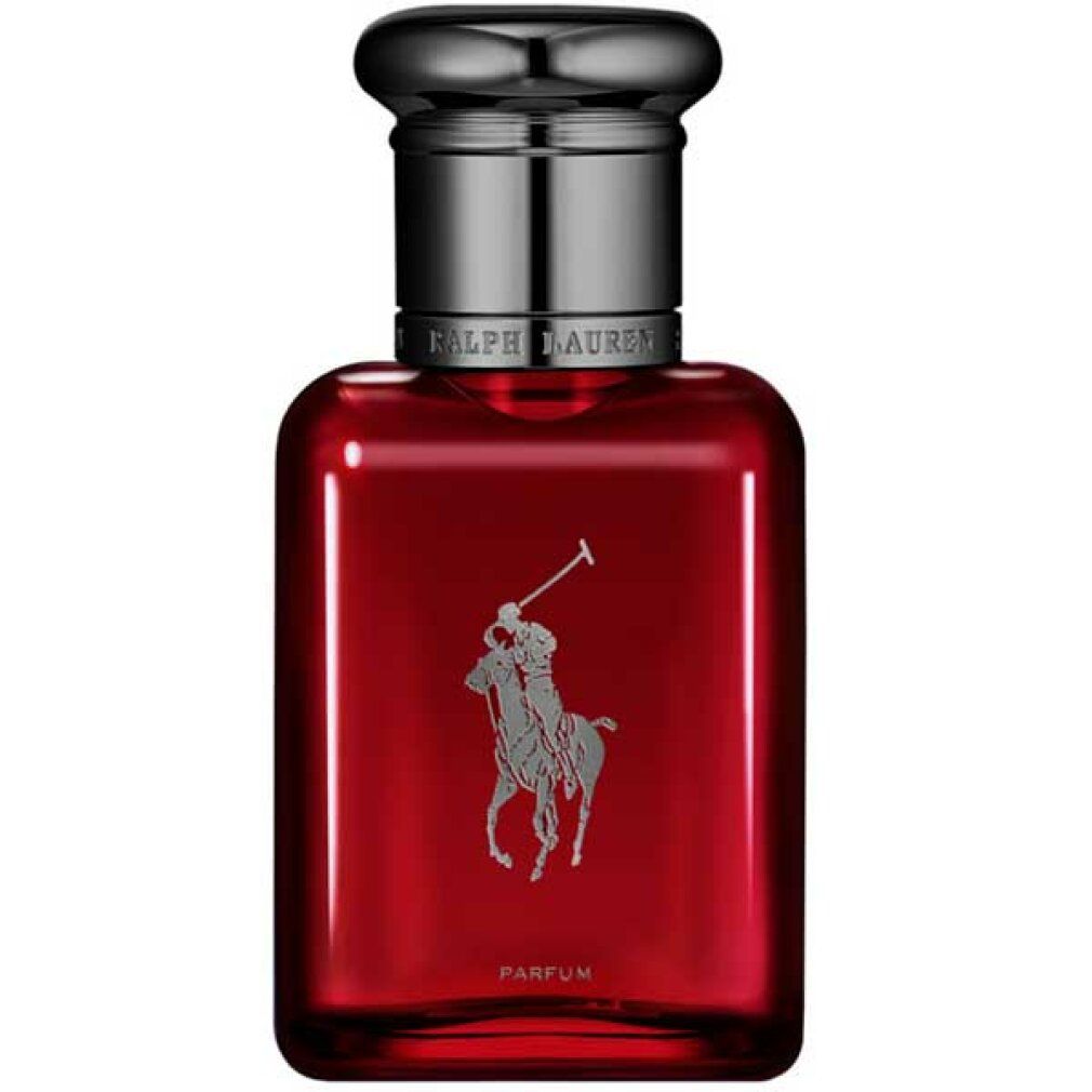 Roter Flakon mit silbernem Logo und schwarzem Verschluss. Aufschrift PARFUM. Rechteckige Form.