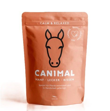 Beutel mit CANIMAL-Logo, Pferde-Silhouette. Text: HANF, LECKER, BISSEN. Aufschrift: Speziell für Pferde entwickelt und in Handarbeit gefertigt.