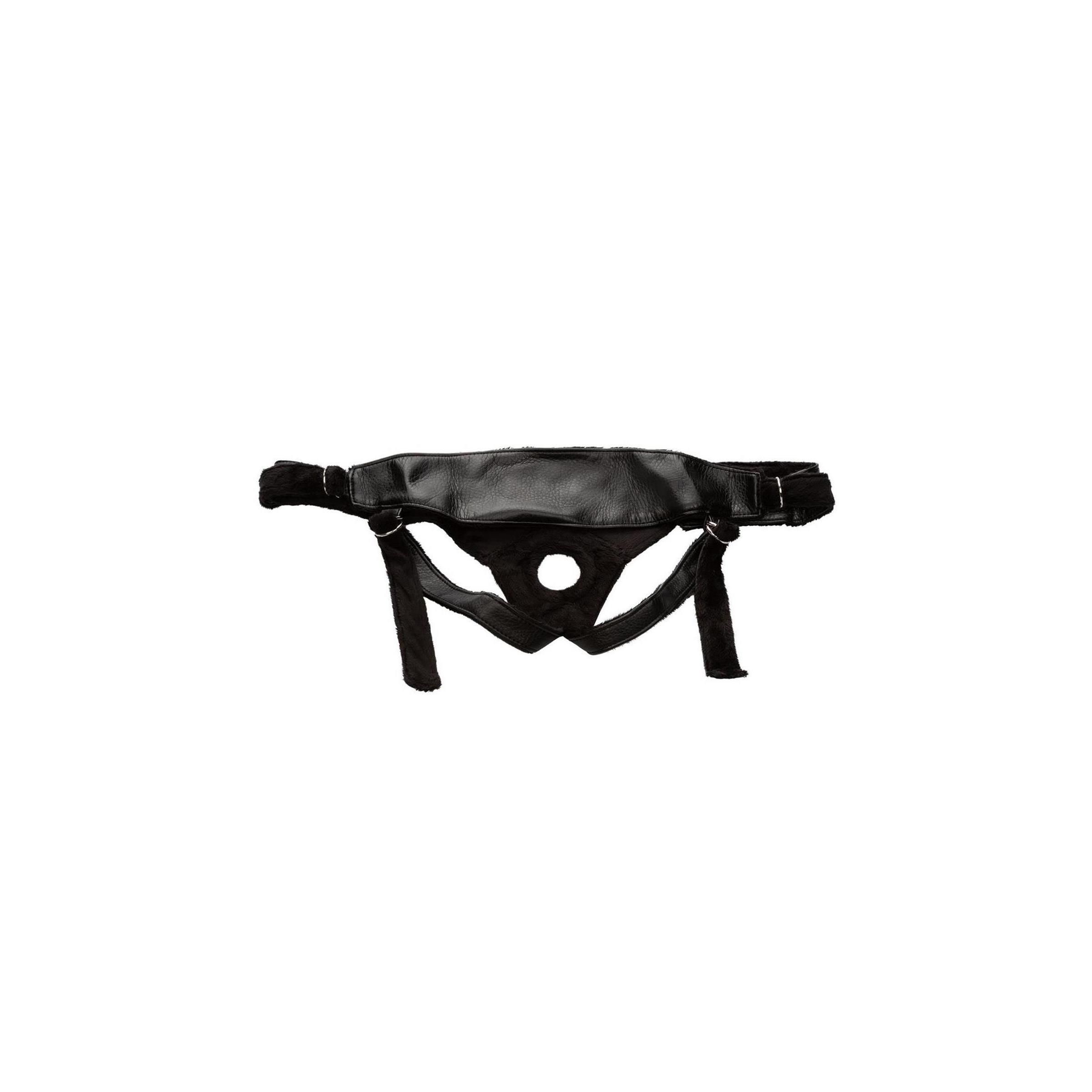 Schwarzer Harness mit Öffnung und Riemen. Material: Leder. Für den Intimbereich.