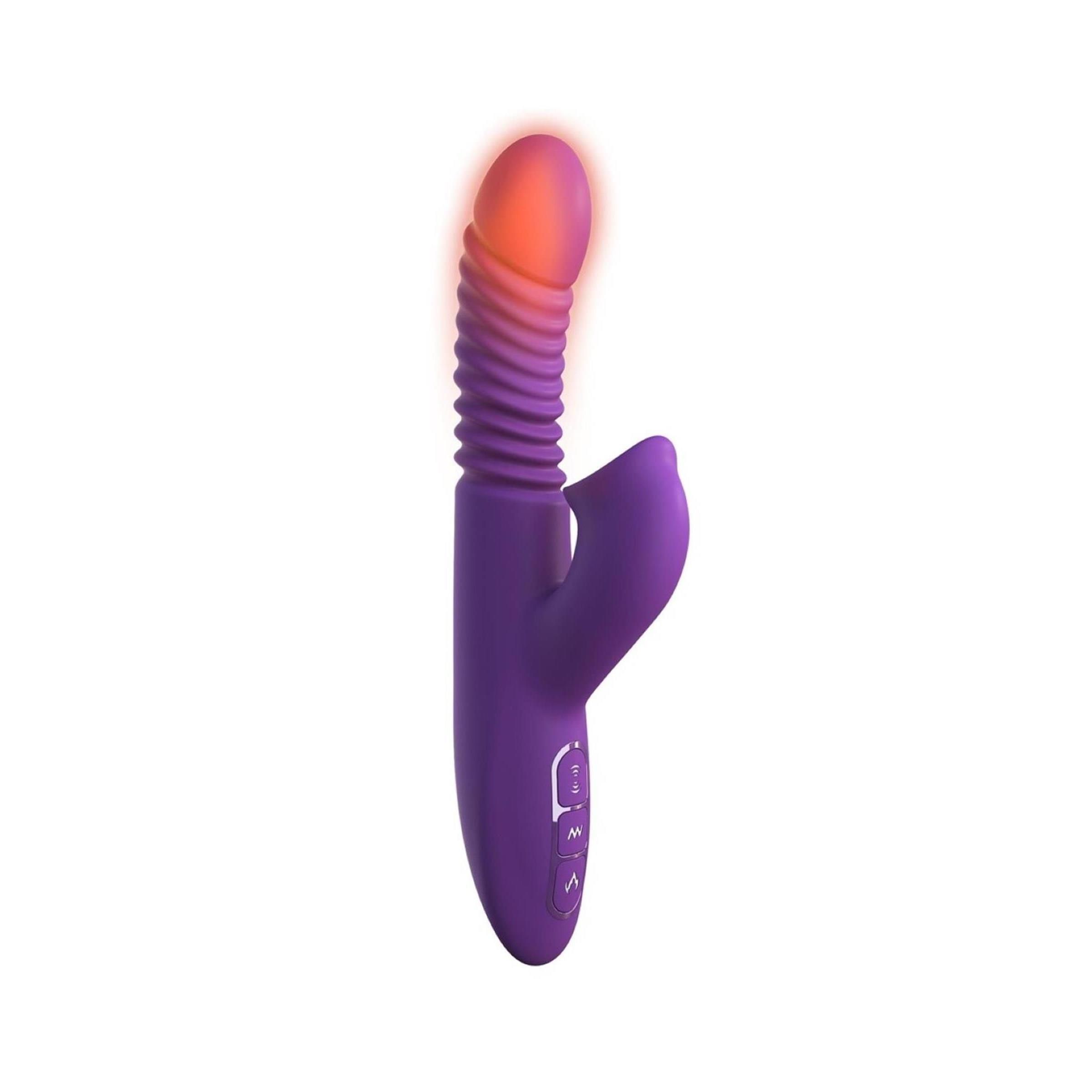 Lila Stimulator mit geriffelter Spitze, die orange leuchtet. Hat eine geriffelte Spitze und Bedienknöpfe.