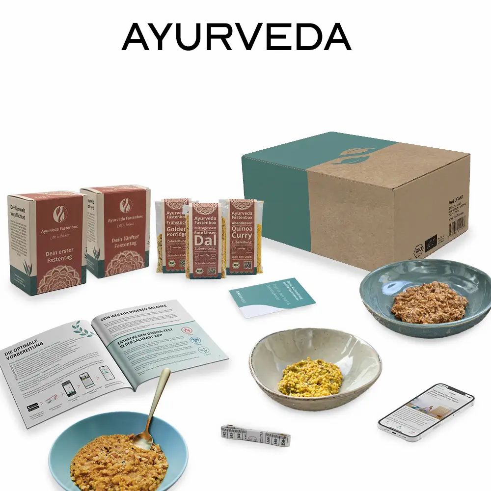 Box und Beutel mit Aufschrift Ayurveda. Schalen mit Speisen. Broschüren und Smartphone.