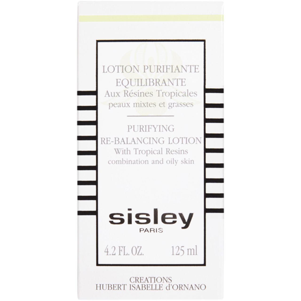 Weiße Verpackung mit schwarzer Schrift. Beschriftung: Lotion Purifiante Equilibrante, Sisley. Volumen: 125 ml.