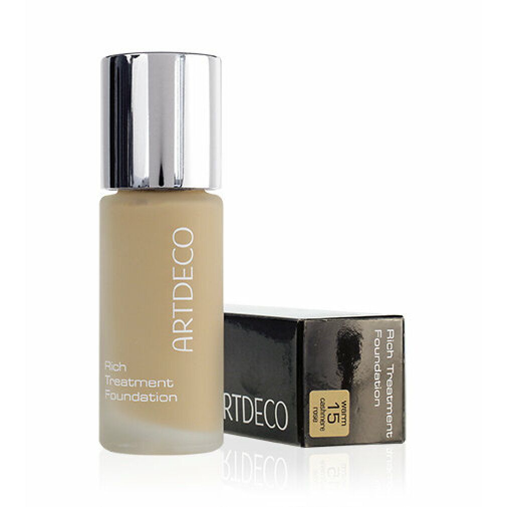 Flakon Foundation und Schachtel. Aufschrift: ARTDECO, Rich Treatment Foundation. Farbton: 15 Cashmere Rose.