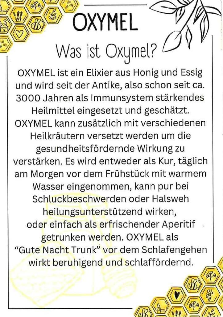 Text auf einer Karte: Was ist Oxymel? Informationen über Oxymel, Honig und Essig.