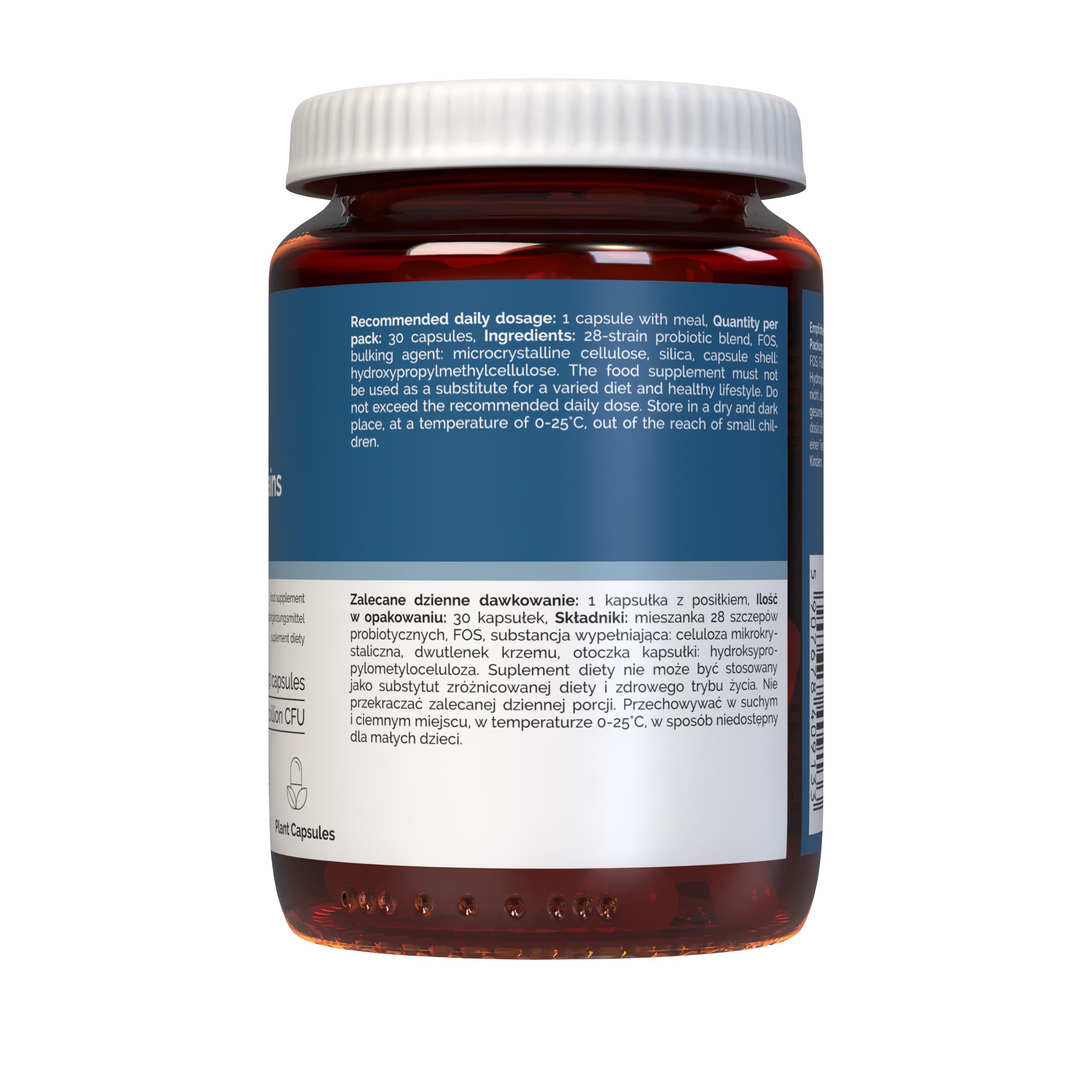 Vitaler’s Probiotikum 28 Stämme mit FOS: Rückseite der Flasche mit Anwendungshinweisen und Inhaltsstoffen.