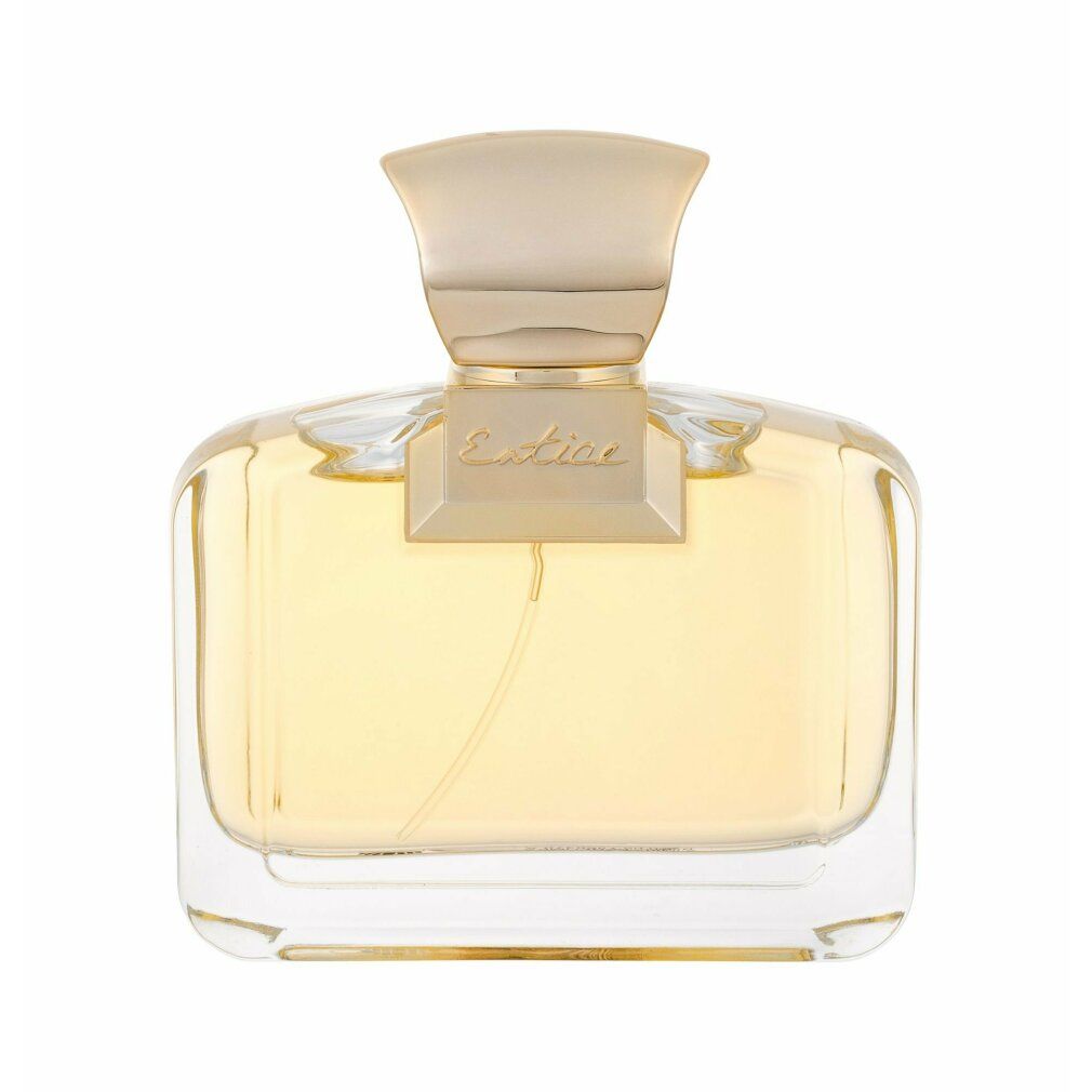 Parfümflakon mit goldfarbenem Verschluss und Etikett. Klarer Glasbehälter mit gelblicher Flüssigkeit.