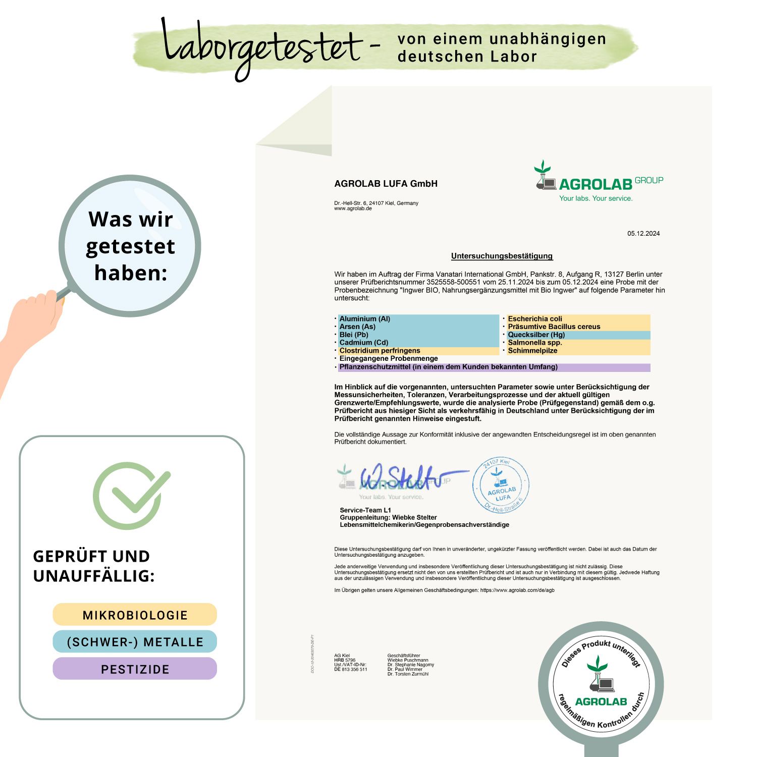 Zertifikat von AGROLAB LUFA GmbH. Geprüft und unauffällig: Mikrobiologie, Schwermetalle, Pestizide. Logo: Geprüfte Qualität.