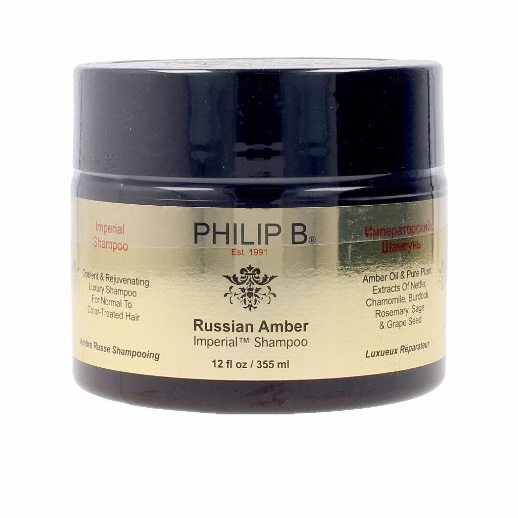 Philip B Russian Amber Imperial Shampoo, 355 ml, in braunem Glasbehälter mit schwarzem Deckel und goldfarbenem Etikett.