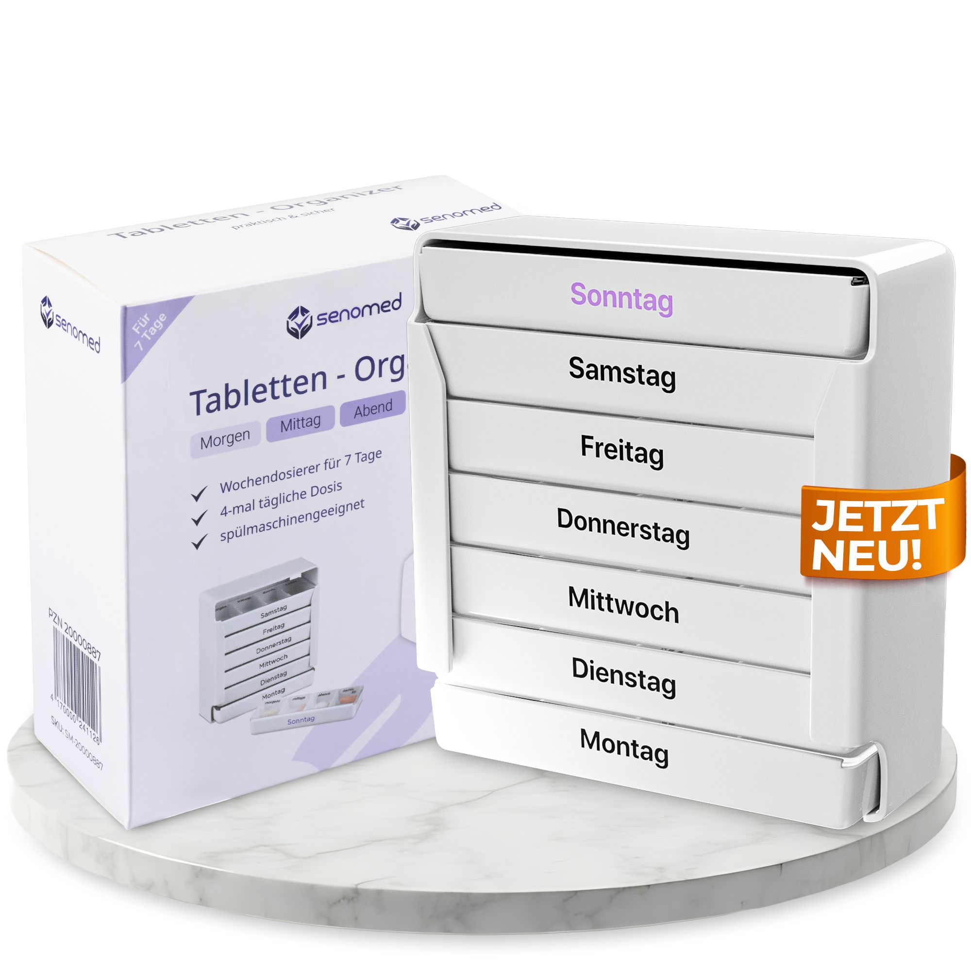Weißer Tabletten-Organizer mit 7 Schubladen. Box mit Produktname. Jetzt neu!