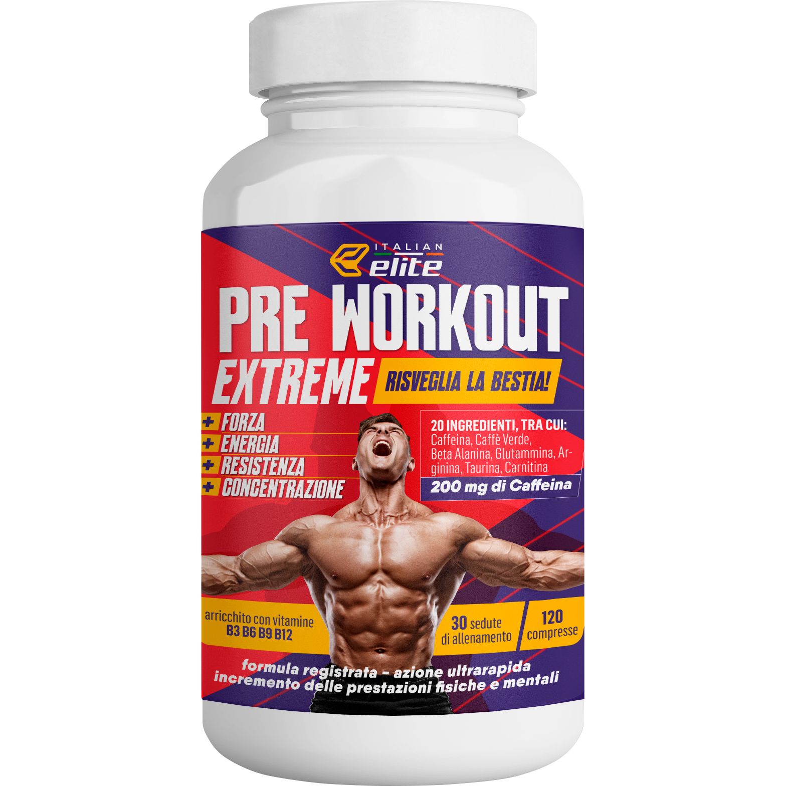 Italian Elite® Pre Workout Extreme, stimola Forza, Energia, Resistenza, Pump e Focus Mentale