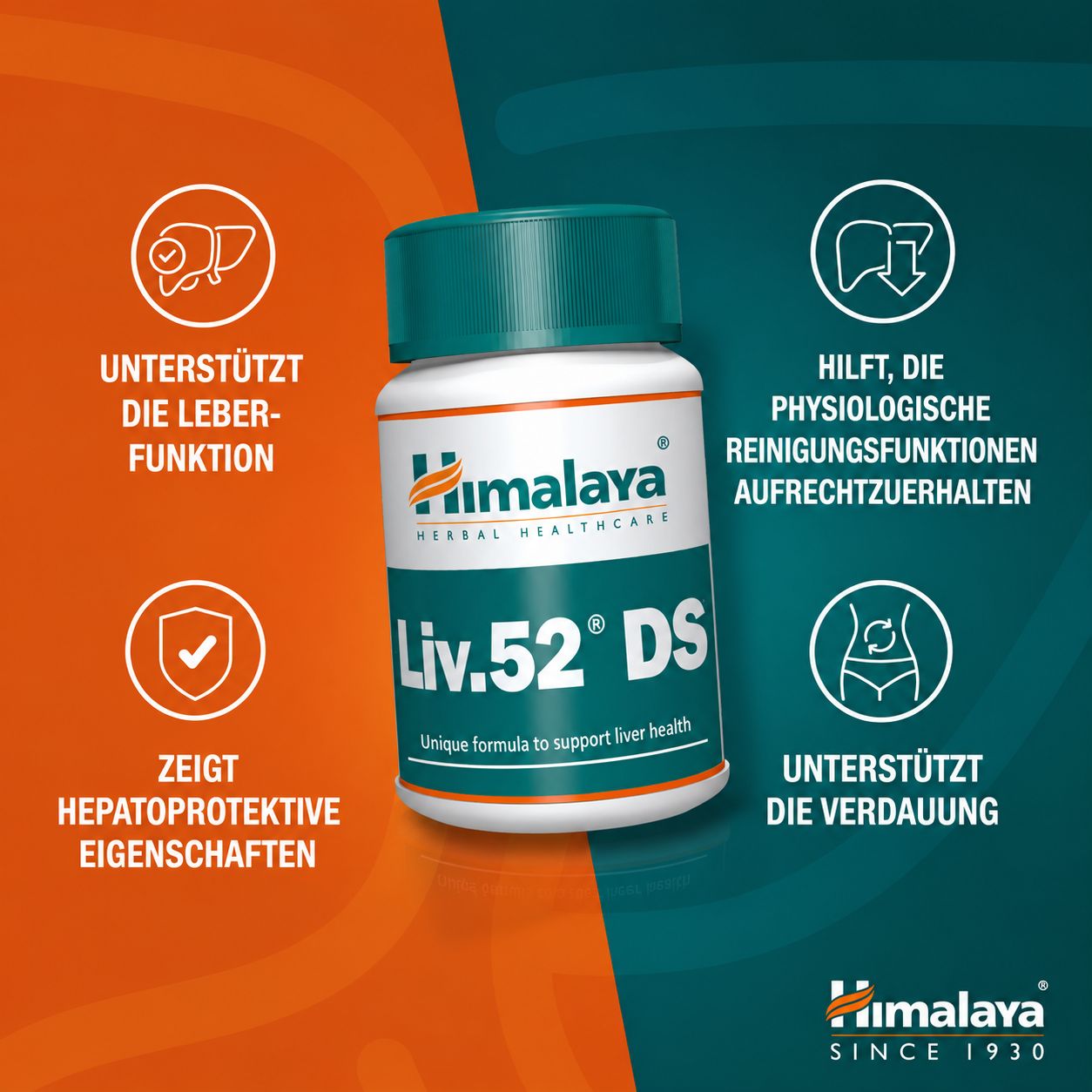 Flasche Himalaya Liv.52 DS Tabletten umgeben von Icons, die Leberfunktion und Verdauung darstellen.
