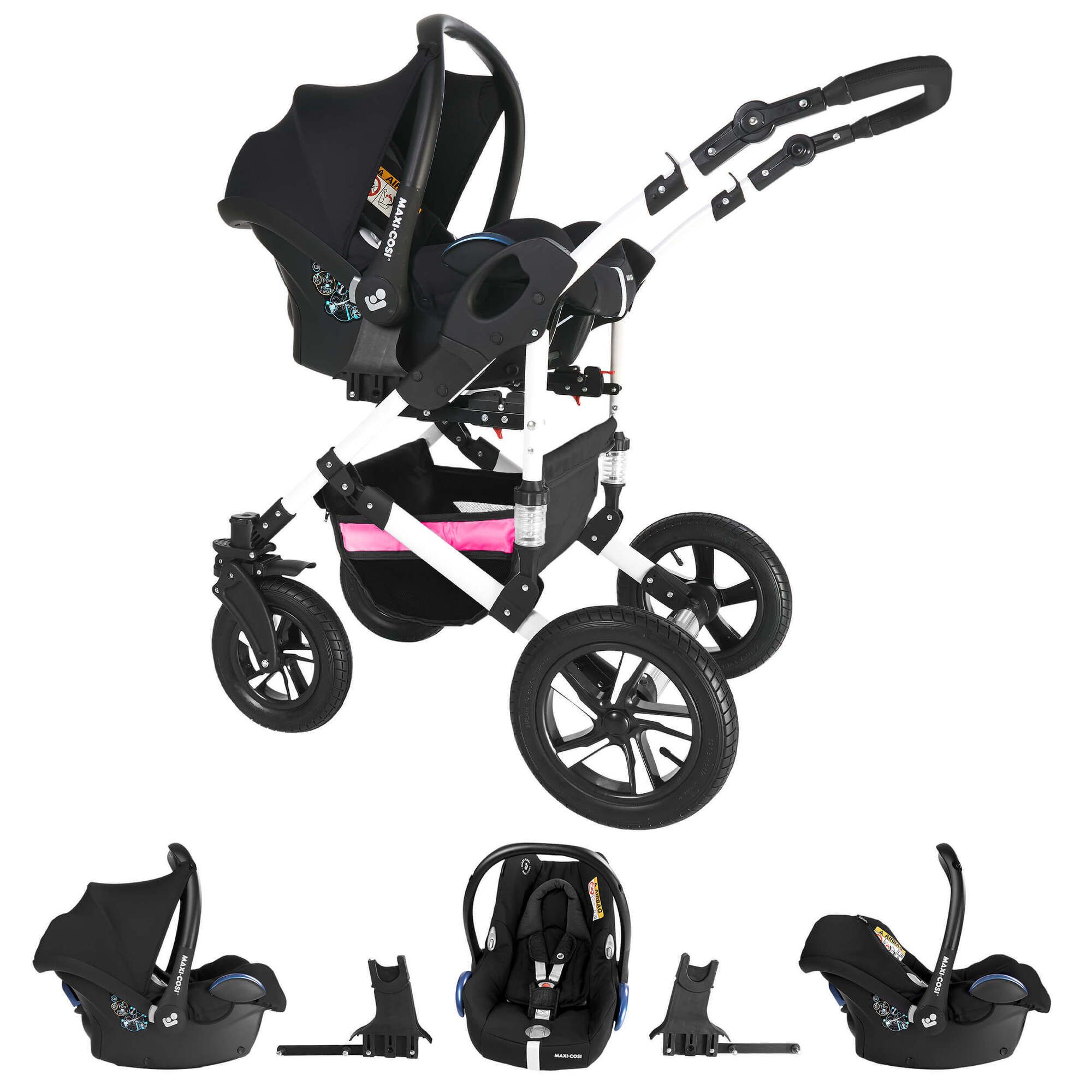 Friedrich Hugo Hamburg 3 in 1 Kinderwagen mit Original Maxi Cosi, Luft Grey & Pink