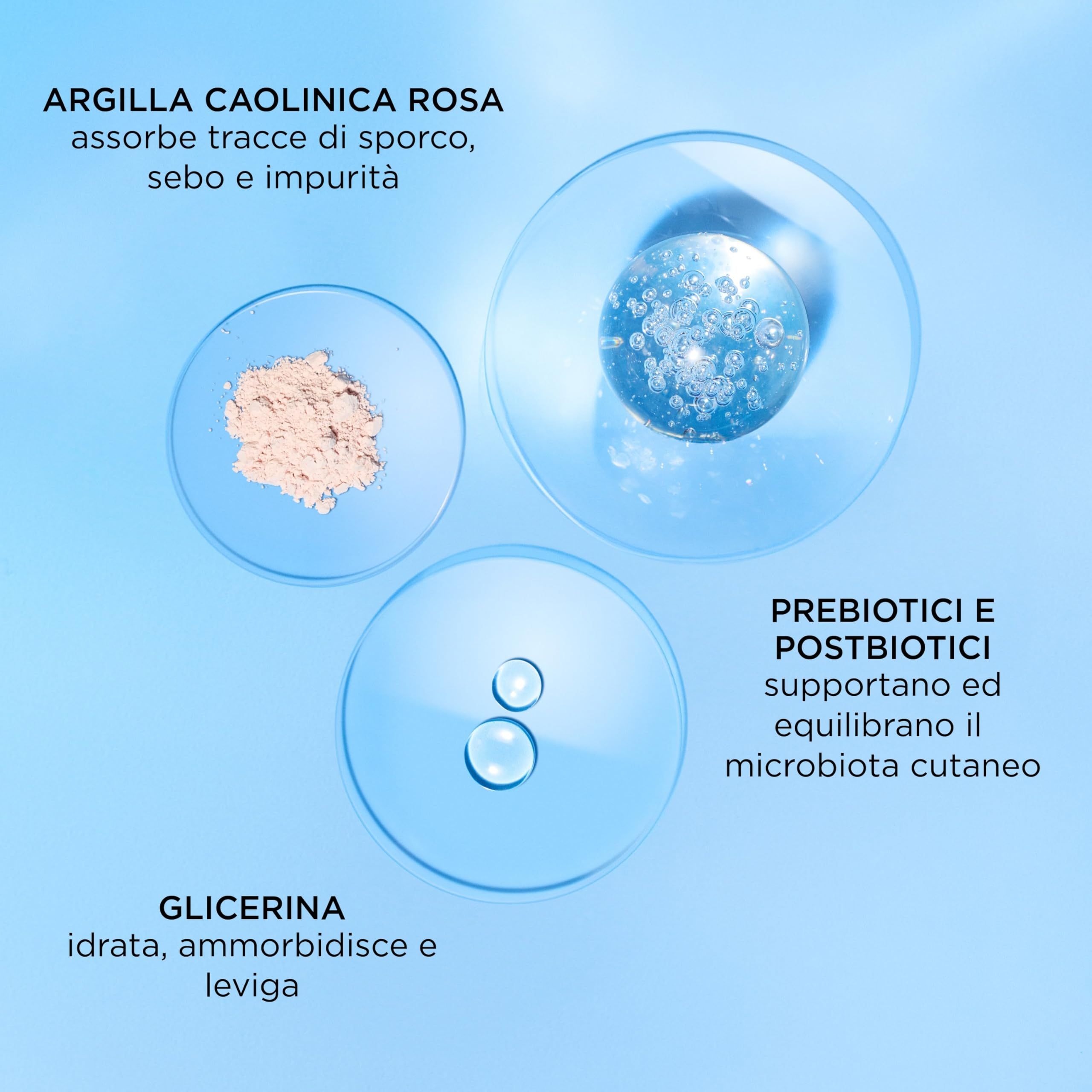 Inhaltsstoffe in Kreisen. Text: Rosa Tonerde, Glycerin, Prä- und Postbiotika.