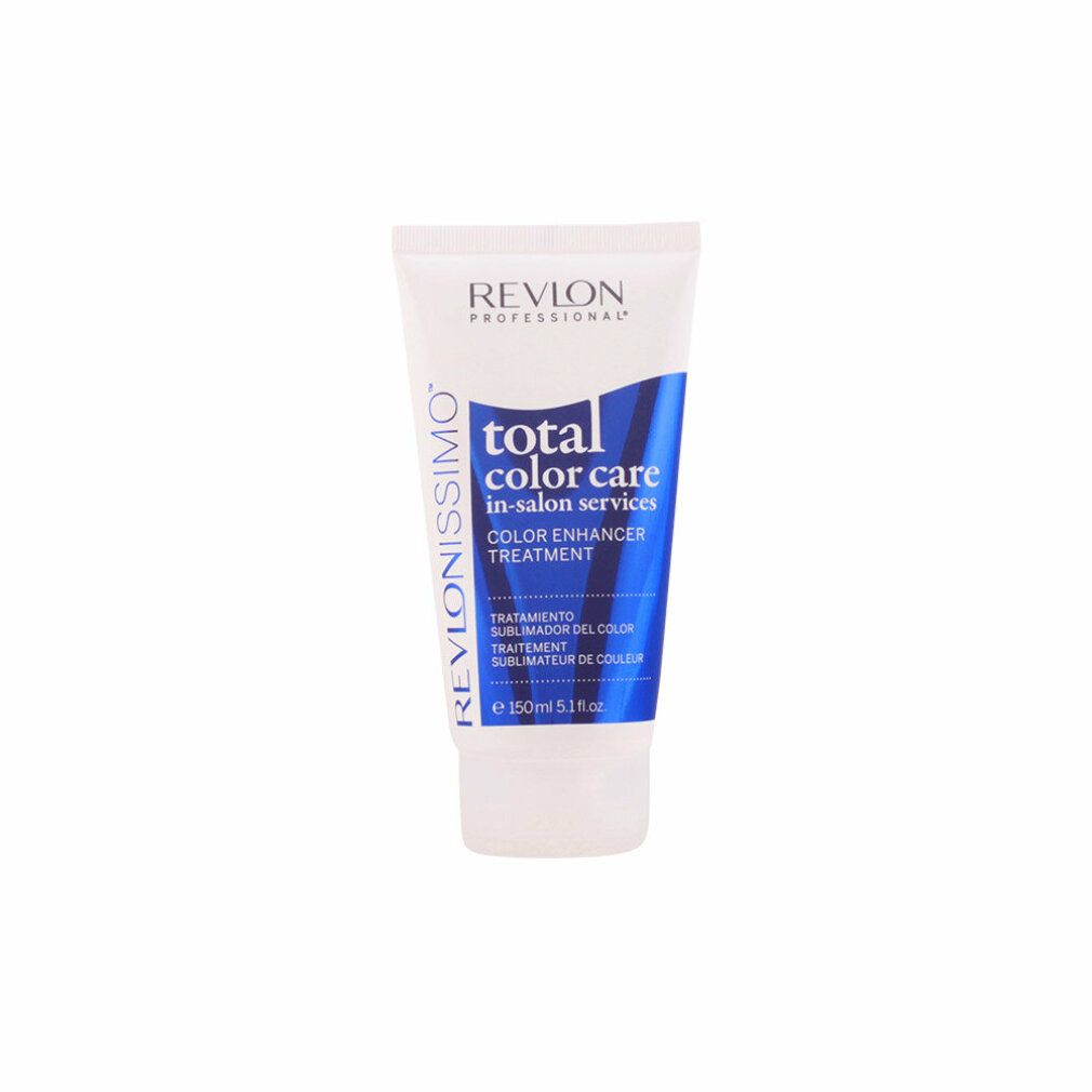 Weiß-blaue Tube mit Produktbezeichnung: Revlonissimo Total Color Care Color Enhancer Treatment. Text in mehreren Sprachen.