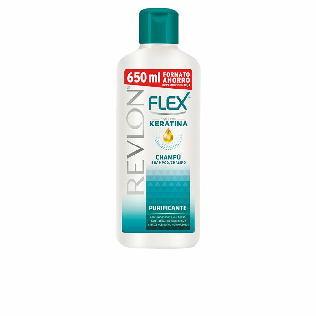 Weiße Shampoo-Flasche mit grünem Deckel. Aufschrift: Revlon Flex Keratina Champú.  650 ml.  Für fettiges Haar.  Reinigung.