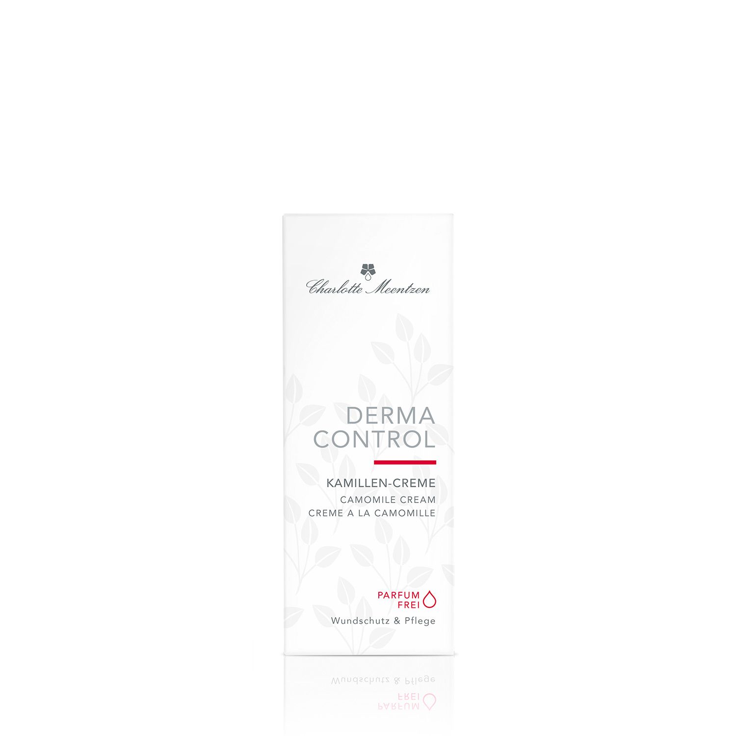 Weiße Faltschachtel mit Aufschrift 'Derma Control Kamillen-Creme'. 'Parfum-frei' und Logo. Charlotte Meentzen.