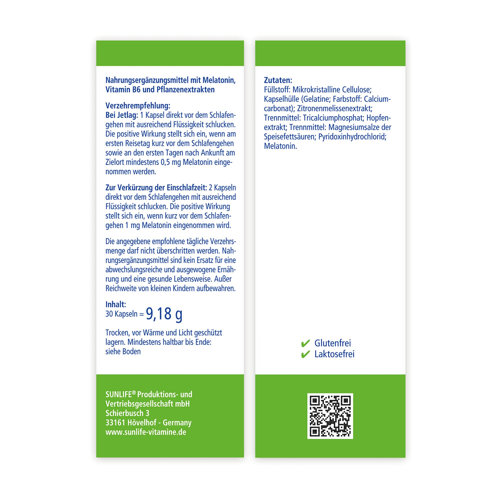 Rückseite der SUNLIFE® Melatonin Kapseln Verpackung. Enthält Informationen zu Inhaltsstoffen, Anwendung und Nährwerten. Glutenfrei, laktosefrei.