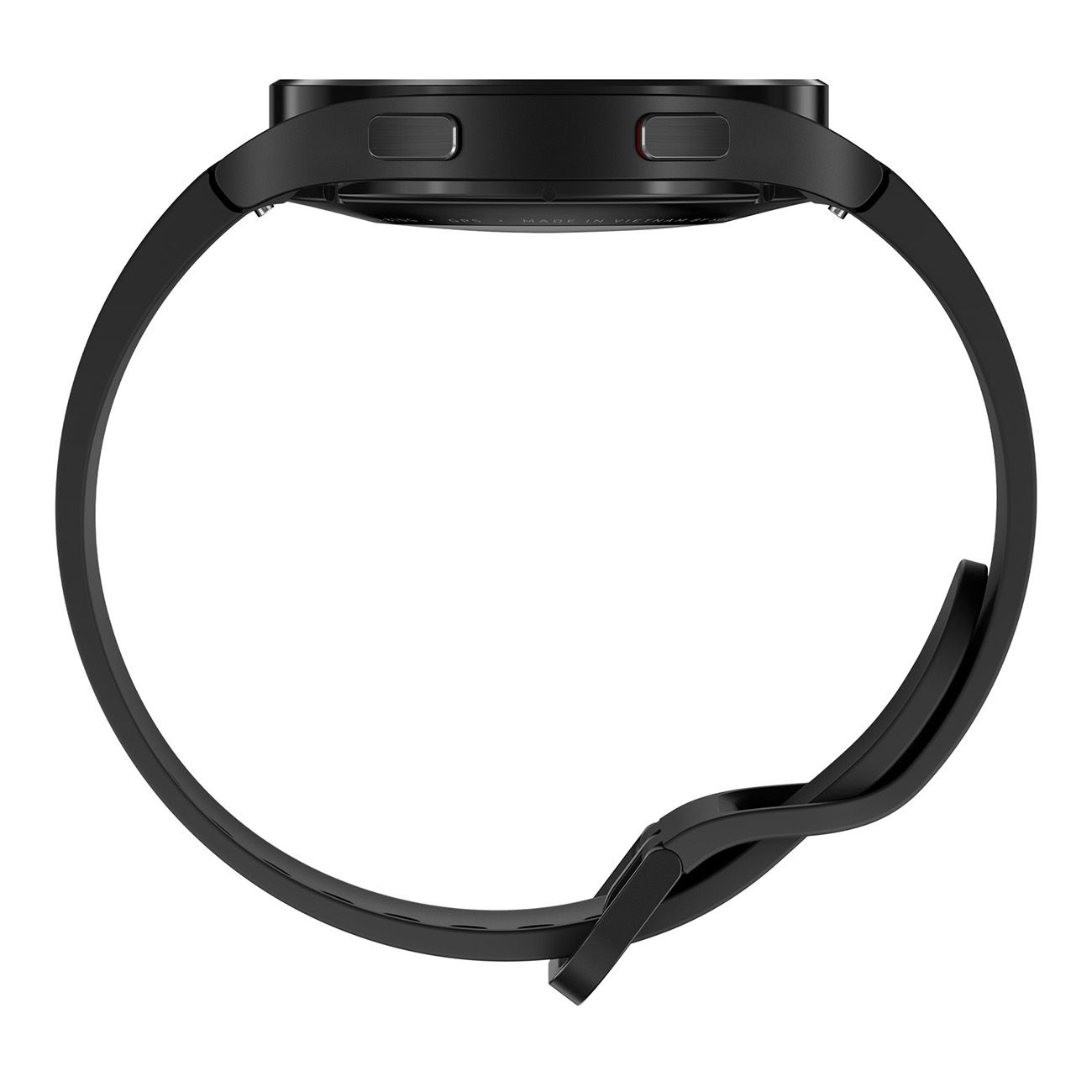 Schwarze Smartwatch, Seitenansicht. Runde Form, schwarzes Armband. Knöpfe an der Seite.