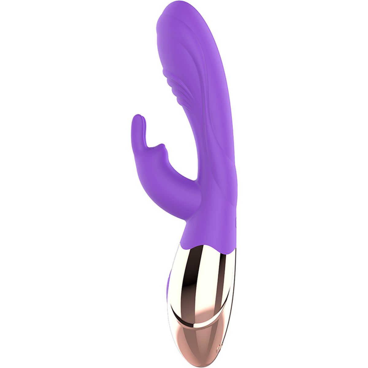 Lila Vibrator mit Kaninchenform. Goldfarbener Kopf und Basis. Auf weißem Hintergrund.