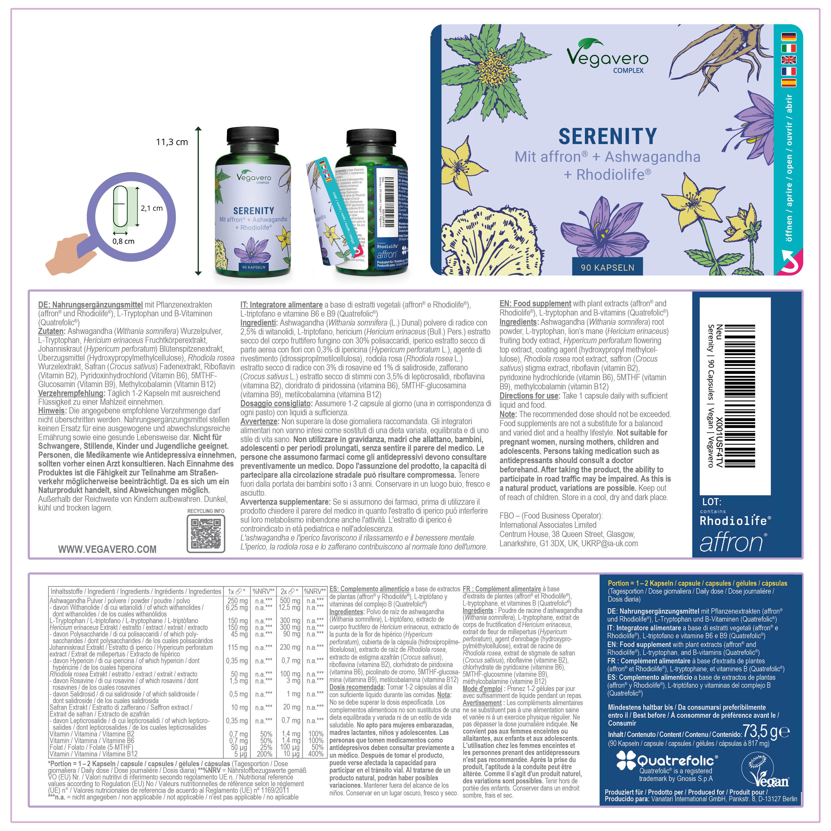 Produktverpackung mit Flaschen und Packungsbeilage. Enthält Informationen zu Inhaltsstoffen und Nährwerten. Mit Vegavaro Logo.