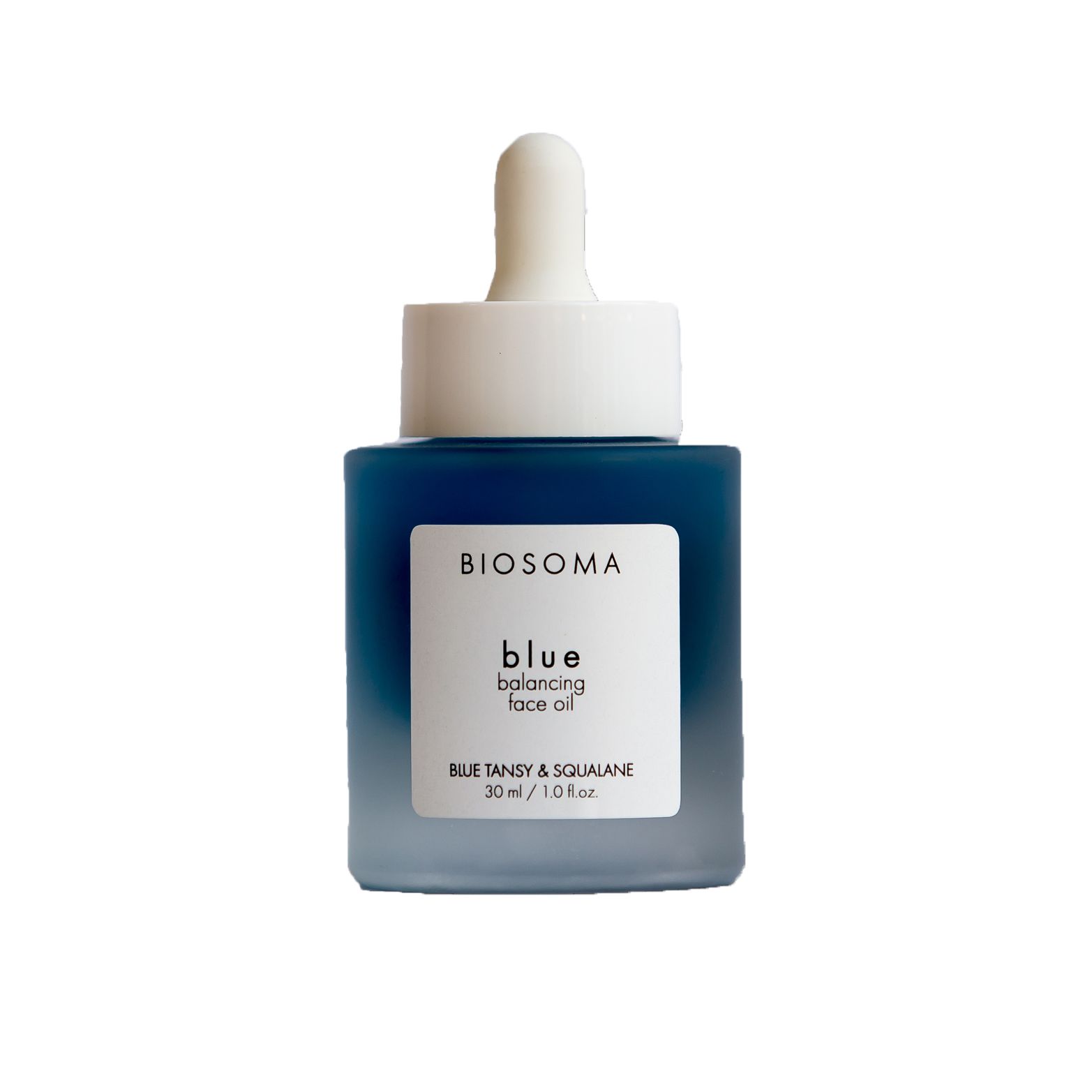 Blaue Glasflasche mit Pipette. Aufkleber mit "BIOSOMA" und "blue balancing face oil". Enthält Blue Tansy & Squalan.