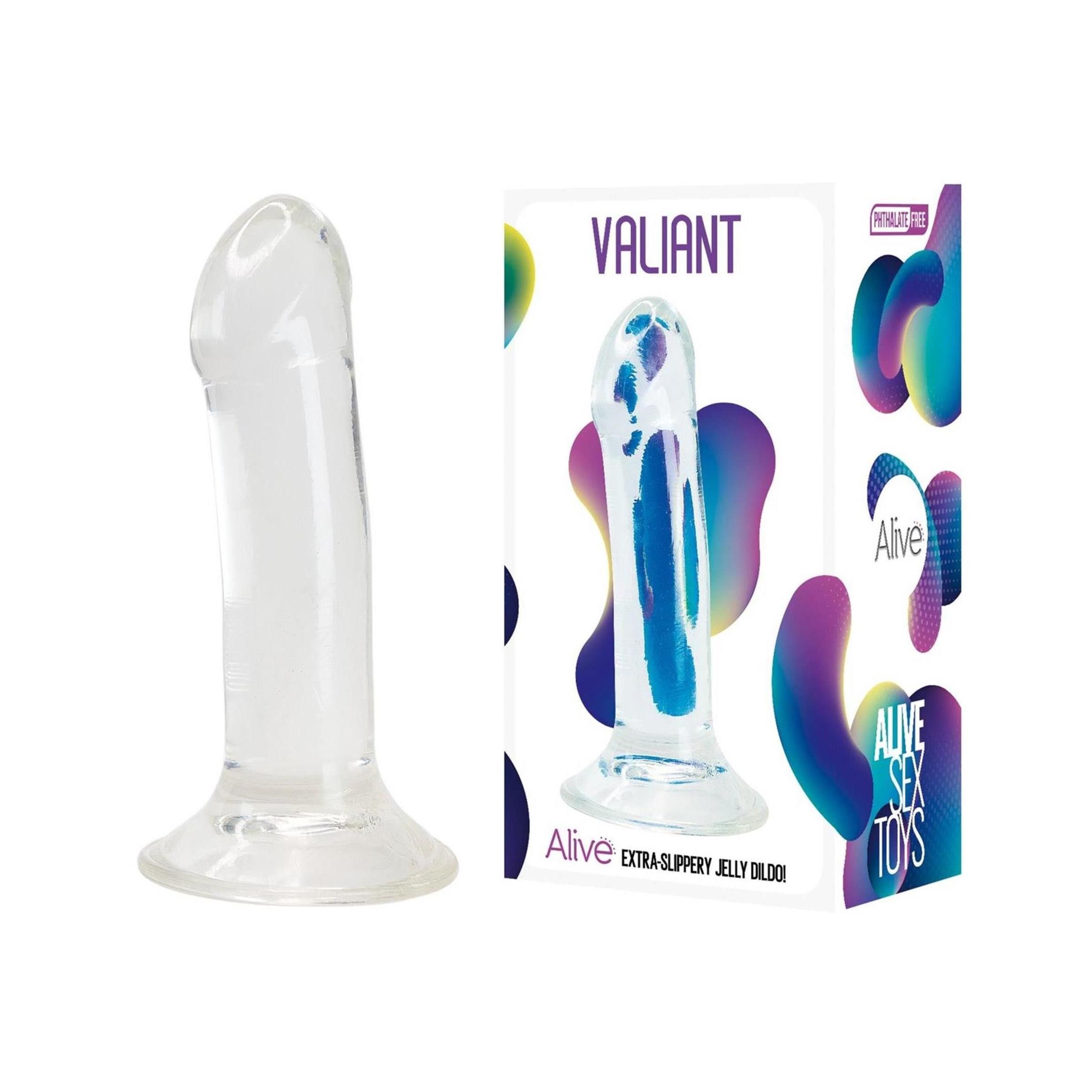 Klarer Jelly Dildo. In Verpackung mit Produktname VALIANT. Marke Alive Sex Toys. Extra-rutschig.