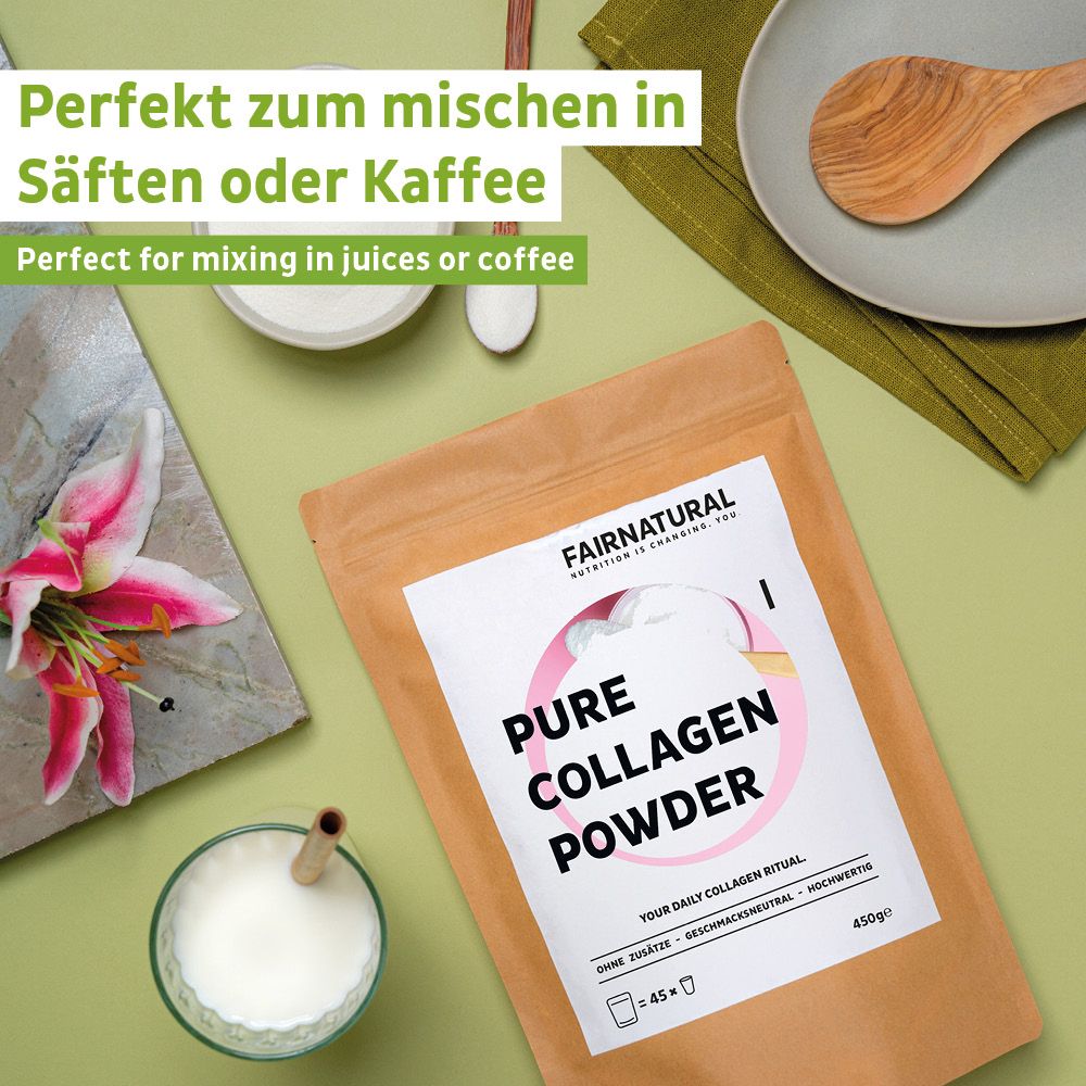 FAIRNATURAL Pure Collagen Powder in brauner Papiertüte, daneben ein Glas Milch und eine Schale mit Pulver.