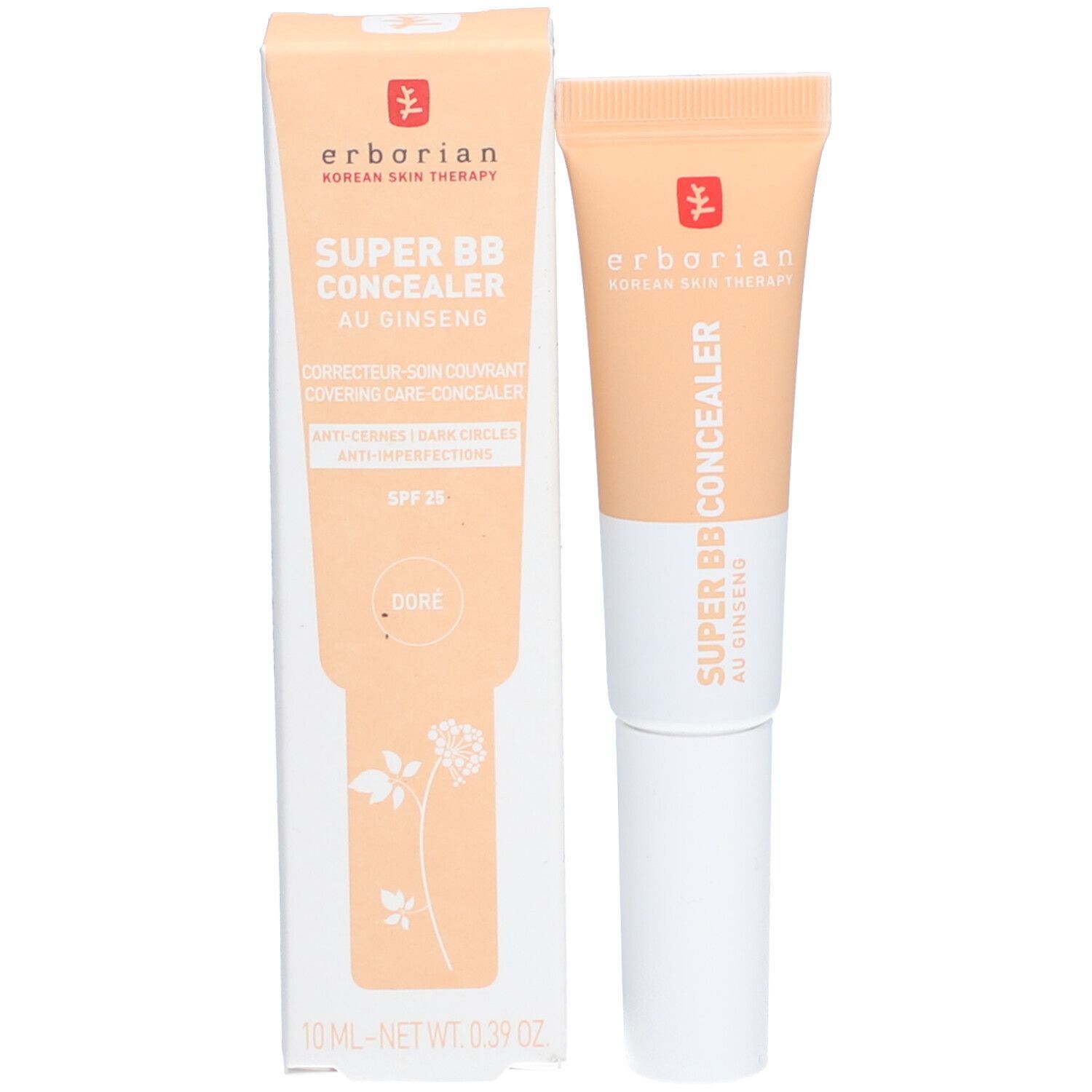 Verpackung und Concealer-Tube. Aufschrift: SUPER BB CONCEALER, AU GINSENG. Farbton: DORE. Marke: Erborian. Volumen: 10 ml.