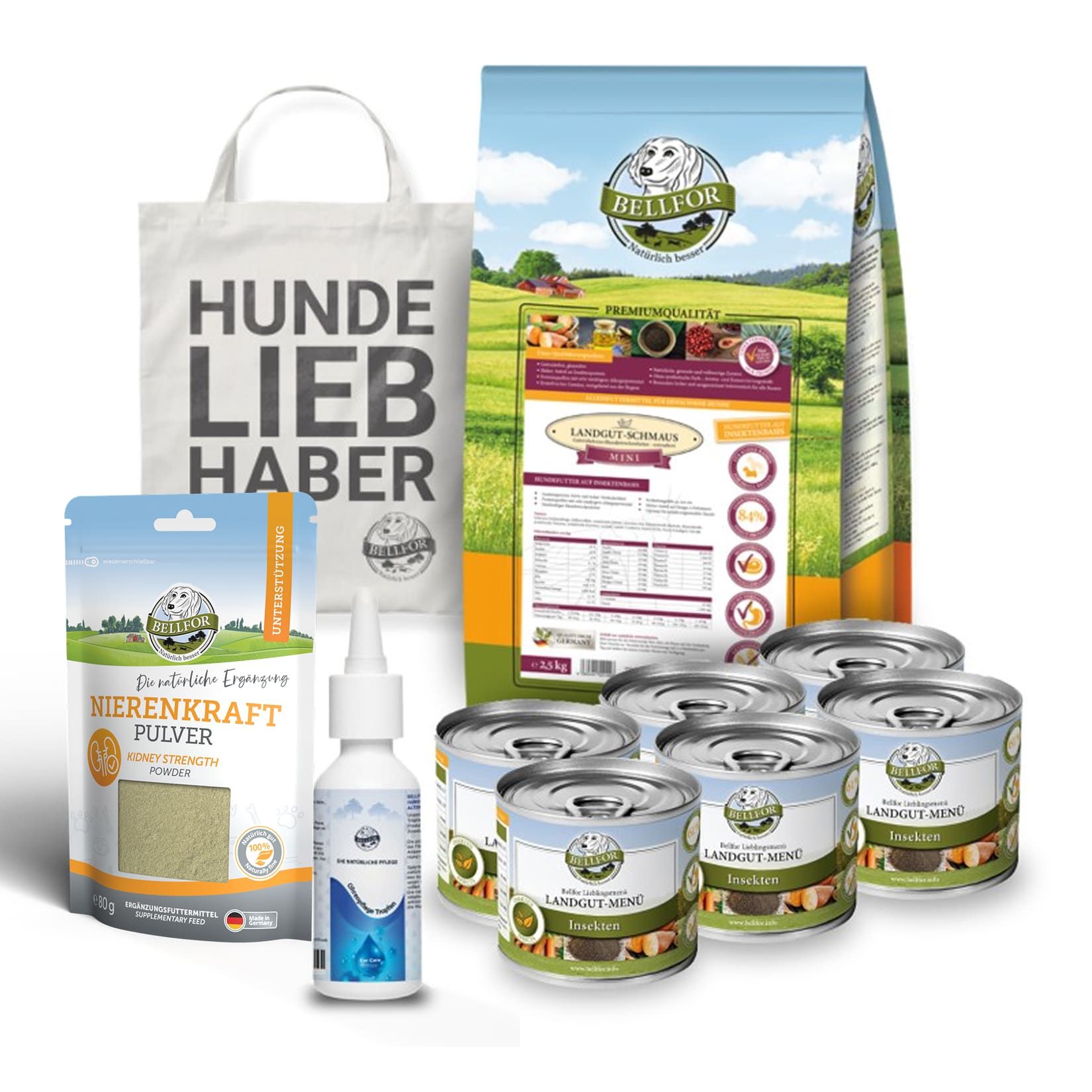 Tasche mit Aufdruck, Futterbeutel, Flasche, Dosen und Futterbeutel. Aufschrift: Hunde Liebhaber. Produktname nicht sichtbar.