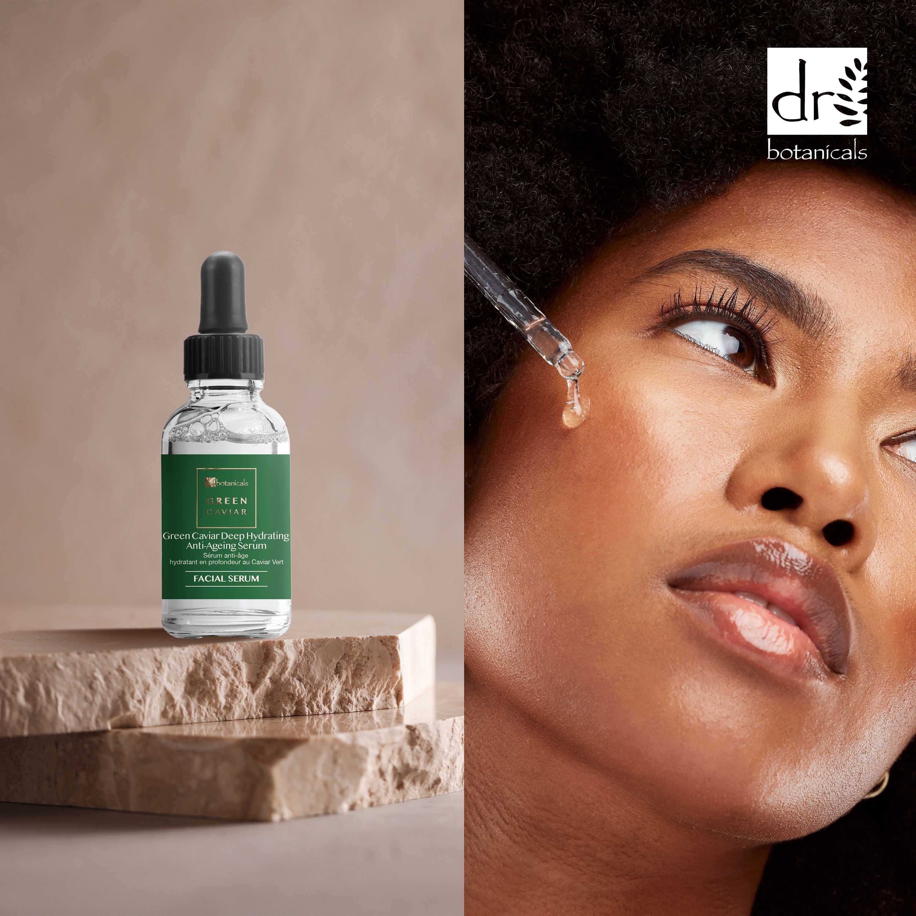 Serumflasche und Gesicht einer Frau. Serum wird auf die Haut aufgetragen. Grünes Etikett mit Text: Green Caviar Deep Hydrating Anti-Ageing Serum.