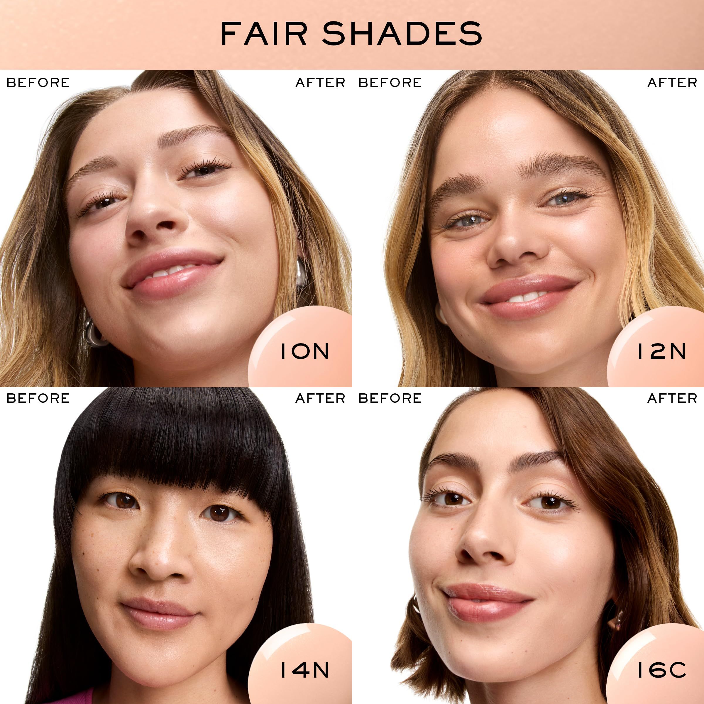 Vorher-Nachher-Vergleich. Vier Frauen mit verschiedenen Hauttönen. Aufschrift: I0N, I2N, I4N, I6C.