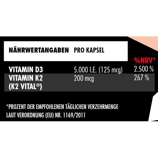 Nährwertangaben pro Kapsel: Vitamin D3 5.000 I.E., Vitamin K2 200 mcg. Prozent der empfohlenen täglichen Verzehrmenge.