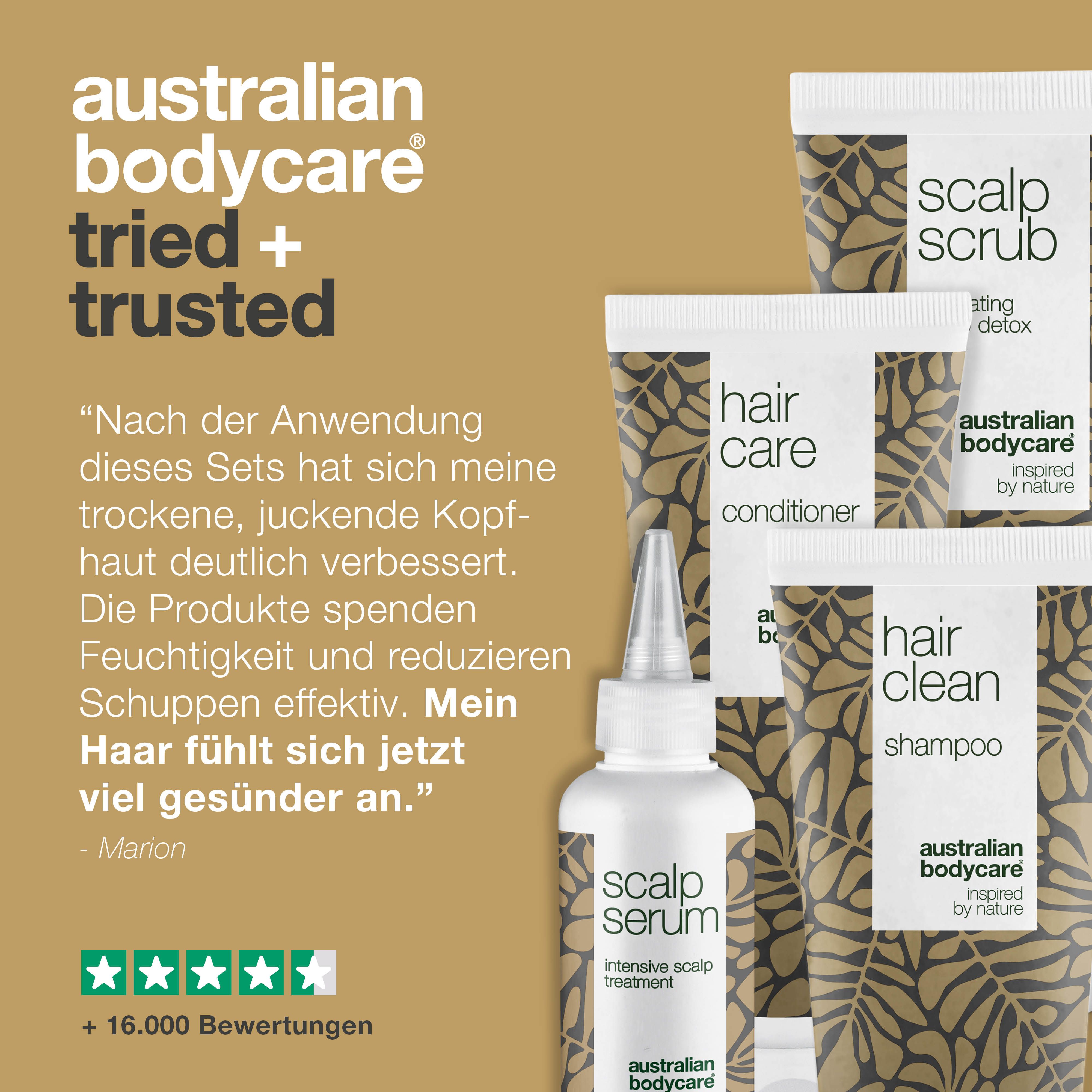 Testimonial. Zitat über die Verbesserung von Kopfhaut und Haaren. Produkte: Shampoo, Peeling, Conditioner, Serum.