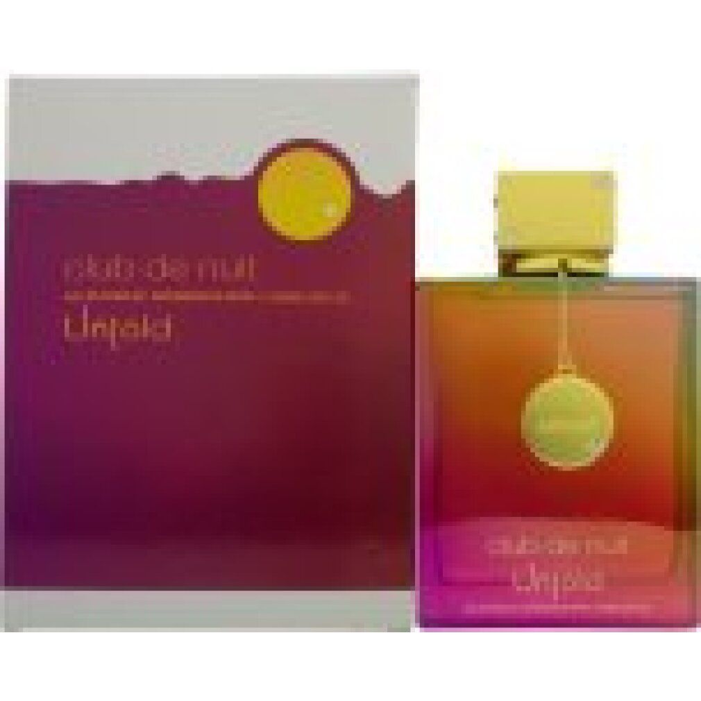 Flasche und Verpackung. Aufschrift: Club de Nuit Untold. Verpackung: Weiß mit lila Schrift. Flasche: Farbverlauf.