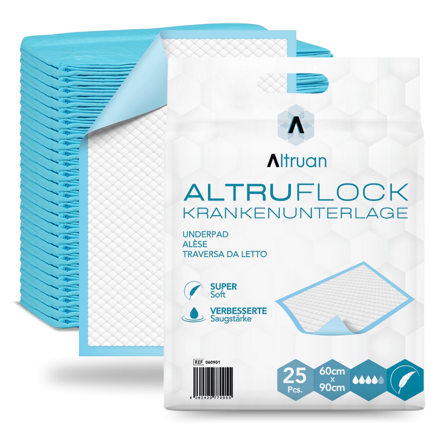 Packung Bettschutzunterlagen. Marke Altruan. 25 Stück, 60x90cm. Produktname und Eigenschaften auf der Verpackung. Blaue Unterlagen.