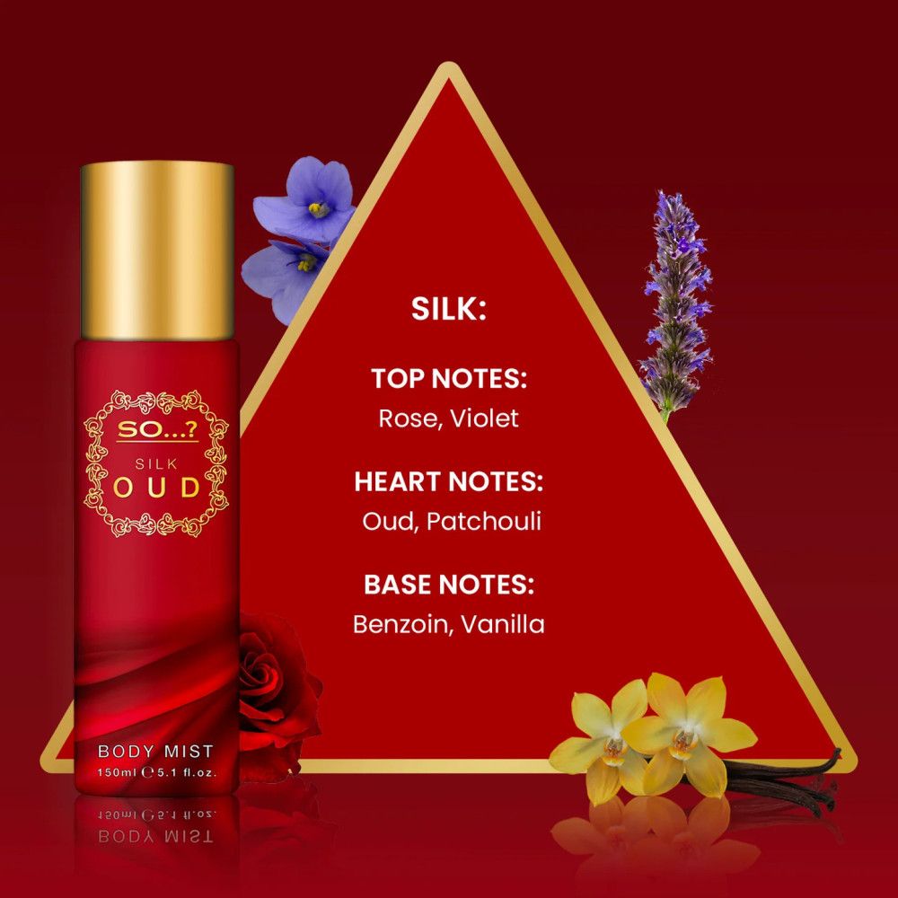 Rote Sprühflasche mit goldfarbenem Deckel. Text: So...? Silk Oud, Body Mist. Inhaltsstoffe auf rotem Dreieck.