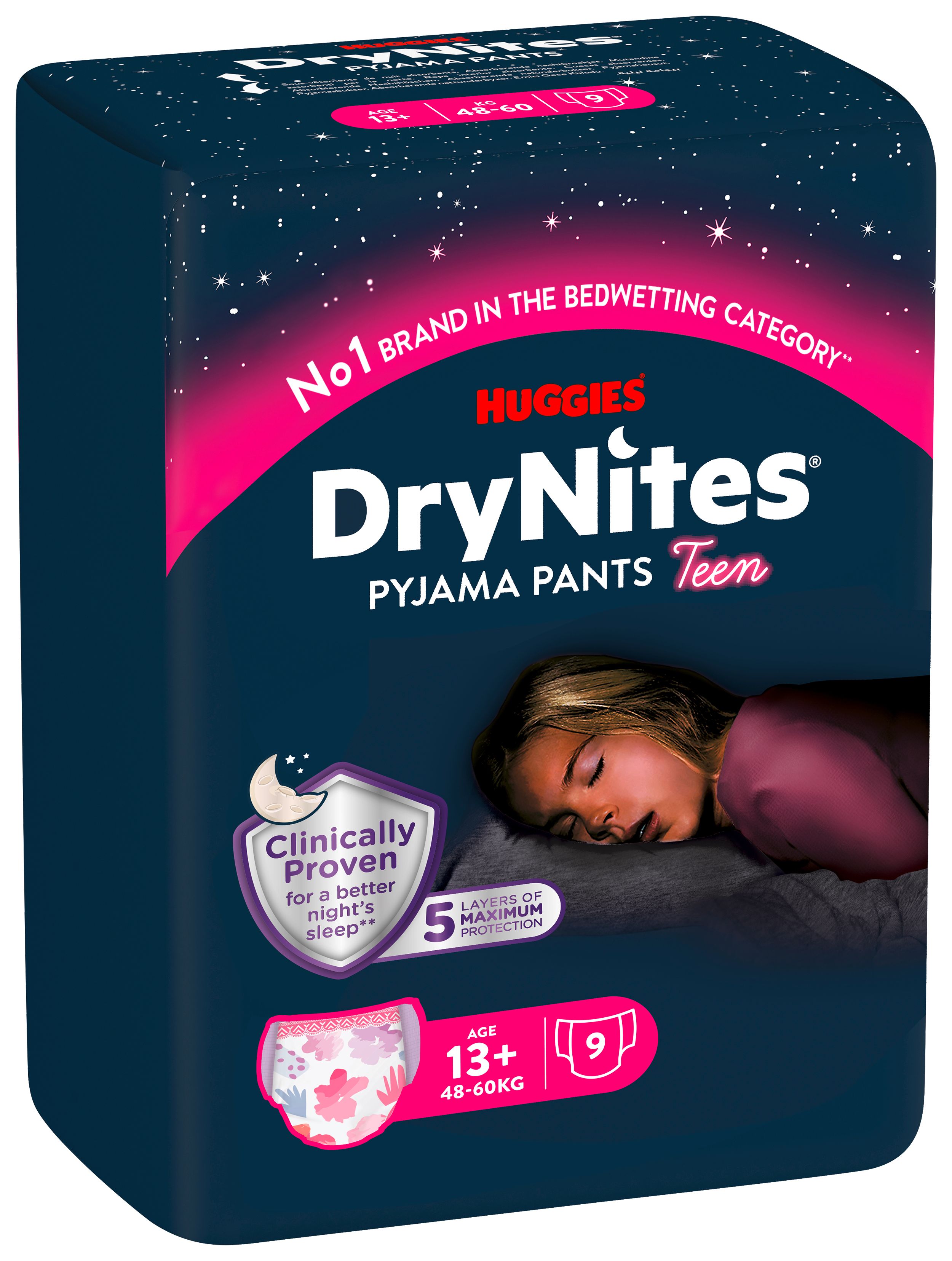 Huggies DryNites Pyjama Pants Teen, Packung. Aufdruck: Clinically Proven, 5 Schichten, Alter 13+, Größe 9. Mädchen schläft.