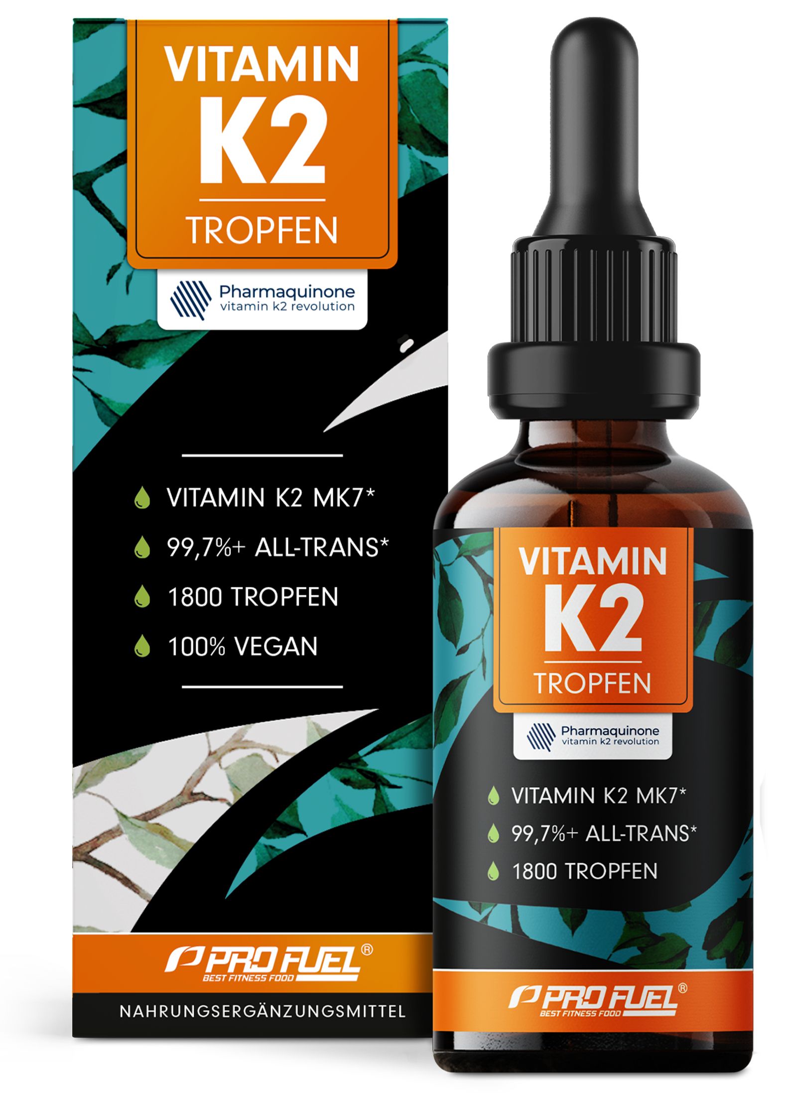 Braune Glasflasche mit Tropfer und Karton. Aufschrift: Vitamin K2 Tropfen. Enthält 1800 Tropfen. Vegan.