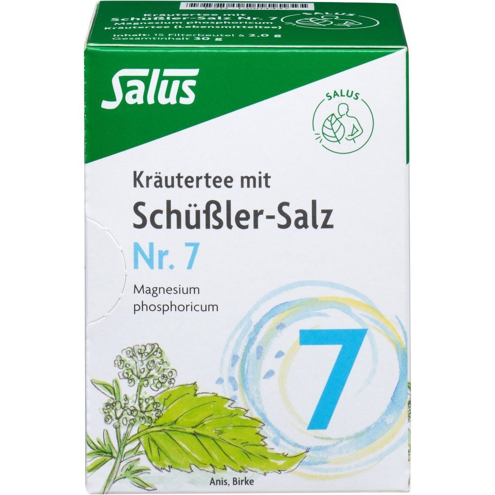 Kräutertee-Verpackung mit Salus-Logo und Nr. 7. Enthält Magnesium phosphoricum. Abbildung von Blättern und Blüten.