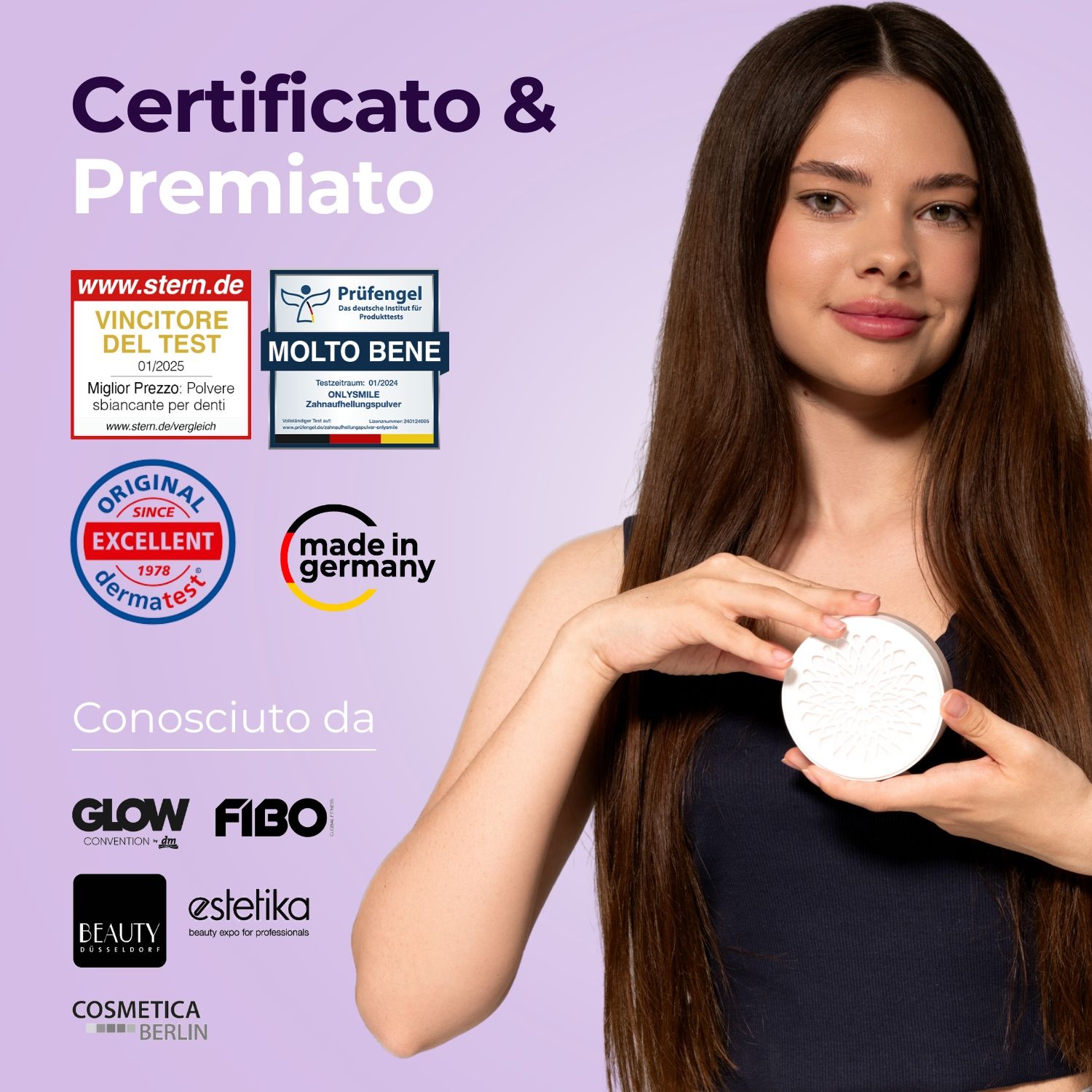 Donna con polvere sbiancante. Certificati e loghi. Sigillo Dermatest, Made in Germany.