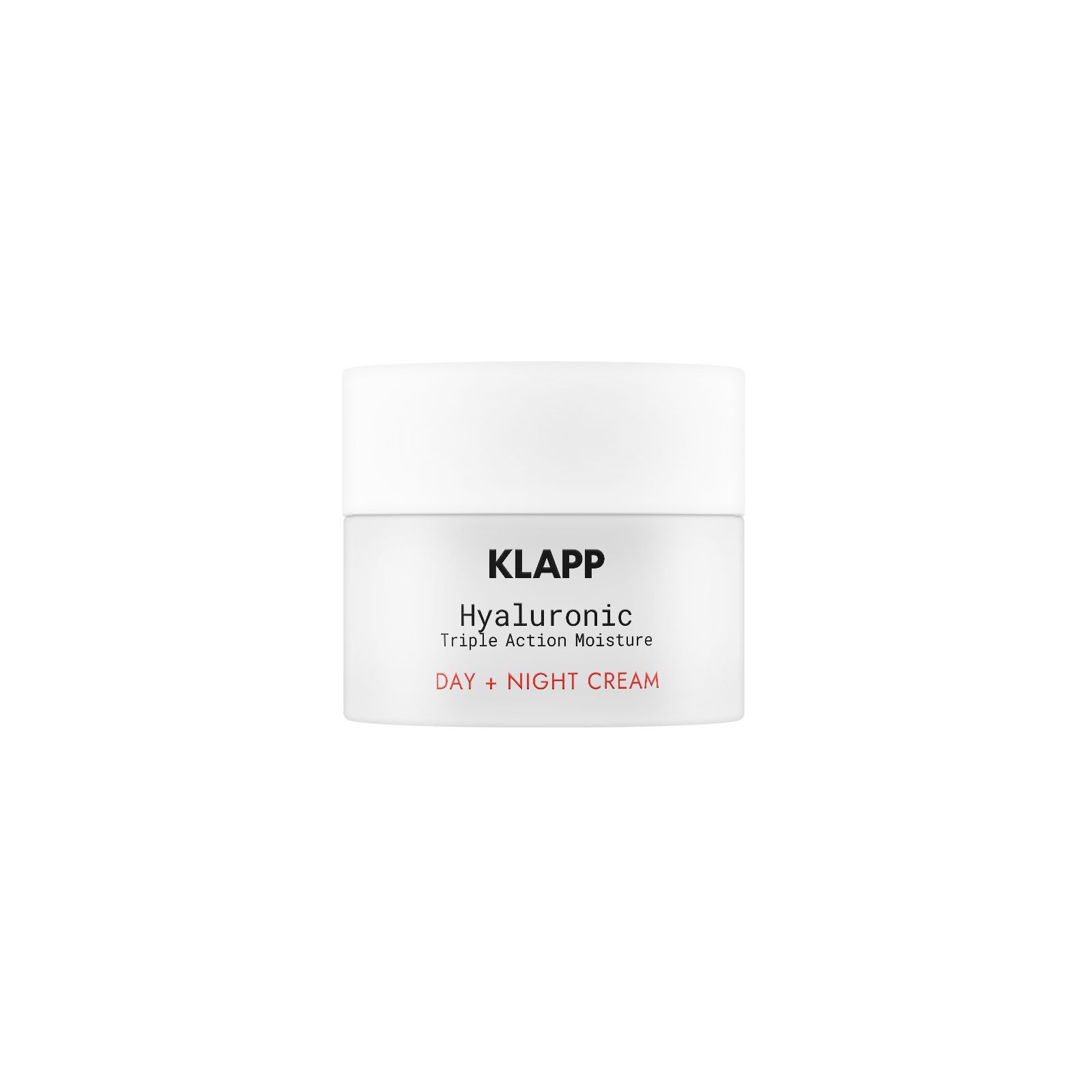 Weißes Tiegel mit Deckel. Aufschrift: KLAPP, Hyaluronic Triple Action Moisture, DAY + NIGHT CREAM.
