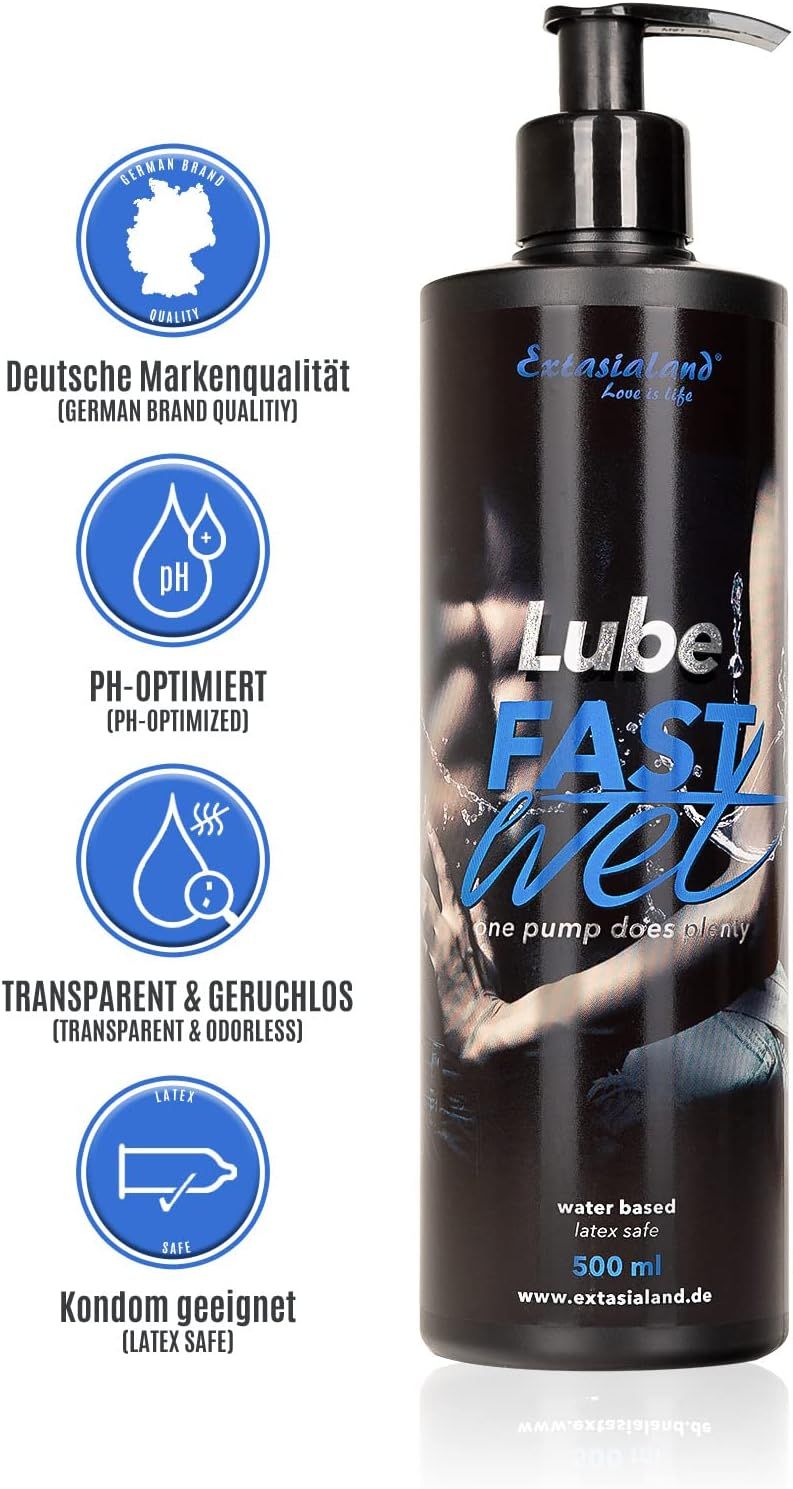 Schwarze Flasche mit Pumpe, "Lube Fast Wet" und Logos. 500 ml, Latex-sicher.
