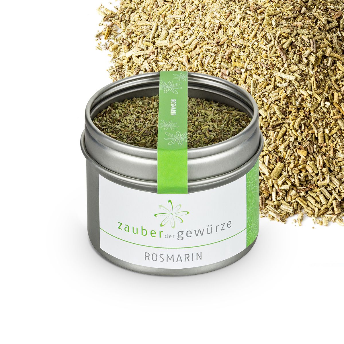 Geöffnete Dose Rosmarin-Gewürz, daneben lose Kräuter. Grün-weißes Etikett mit Logo und Produktname. Grünes Band.